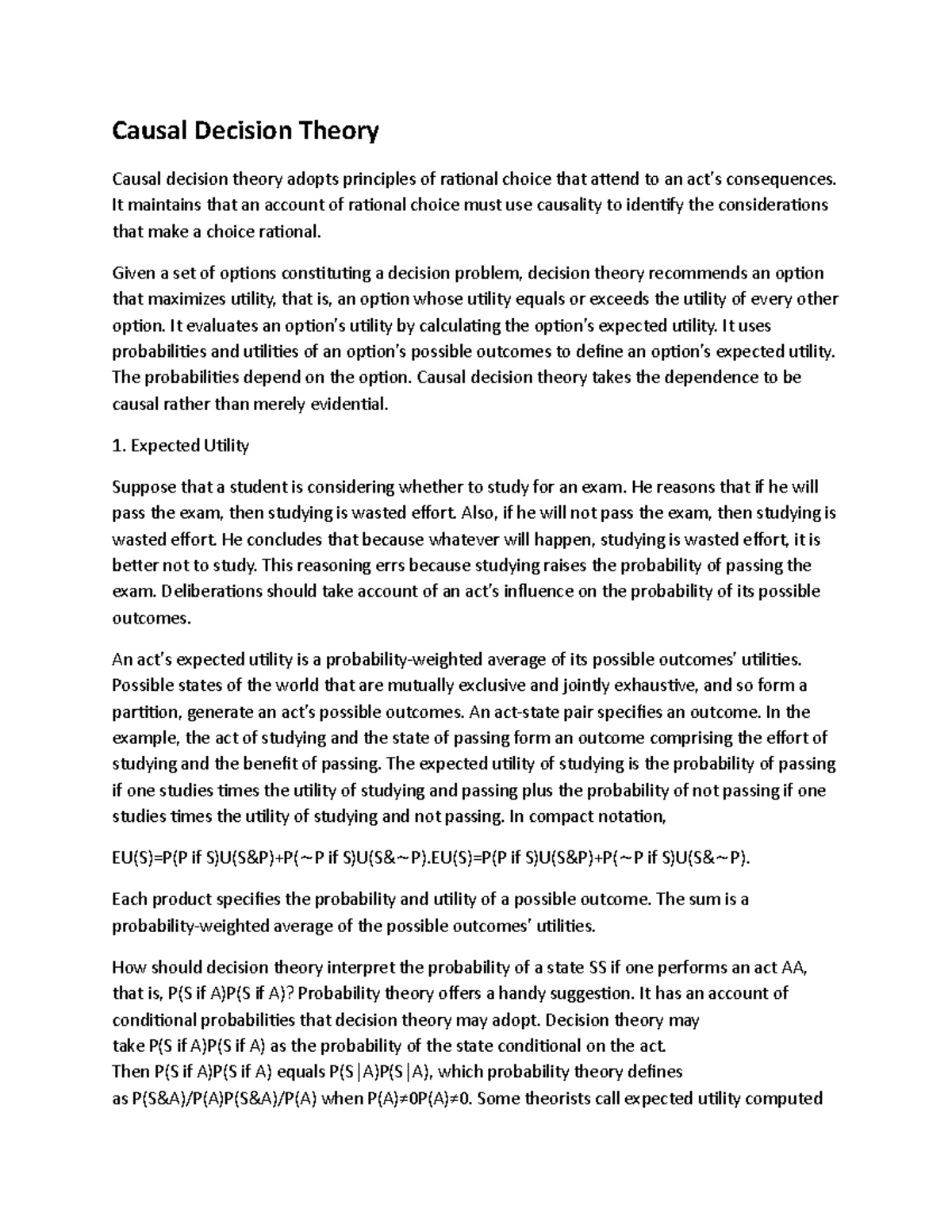 Lecture in Causal Decision Theory - Causal Decision Theory Causal ...