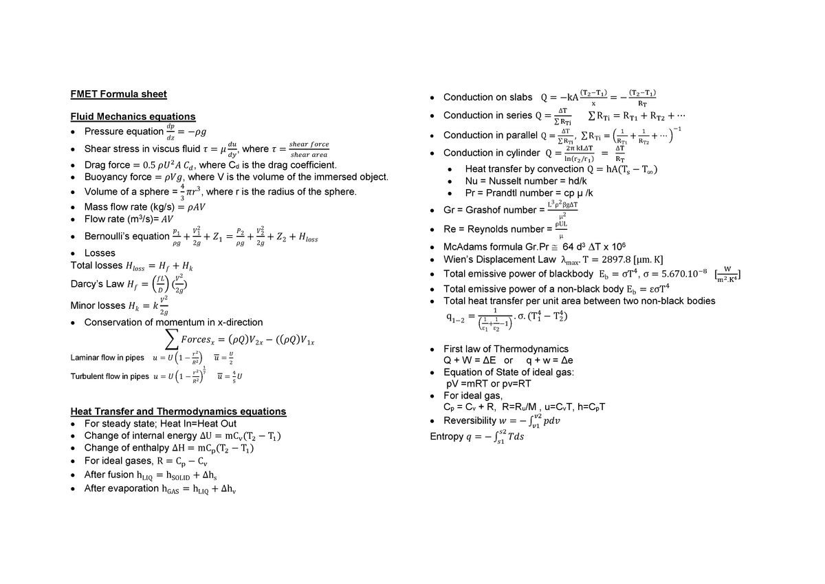Fmet Formula Sheet Lecture Notes 1 Studocu