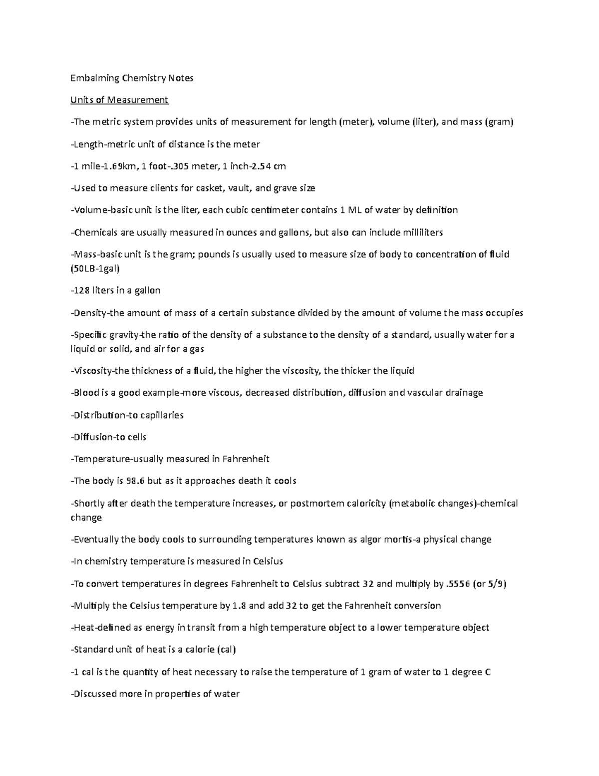 Embalming chemistry notes Embalming Chemistry Notes Units of Measurement The metric system