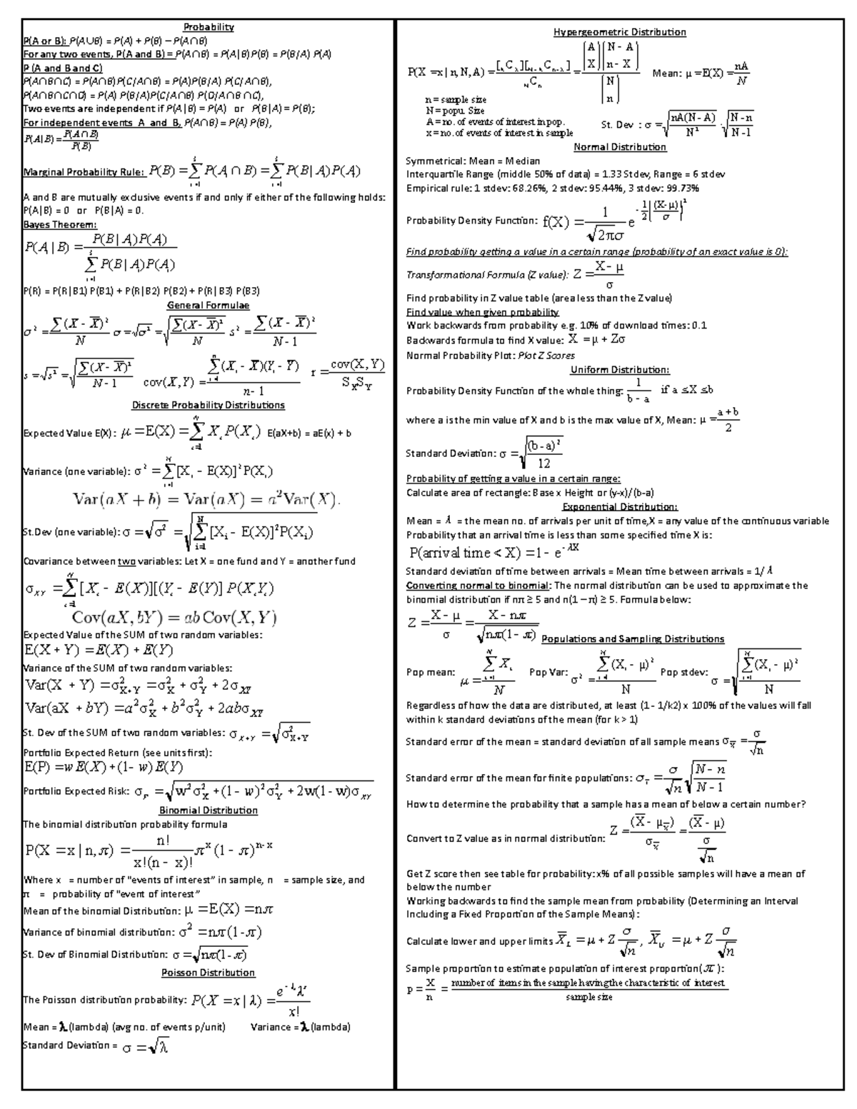 Exam Cheat Sheet (dinesh) (a+) - Hypergeometric Distribution - Studocu