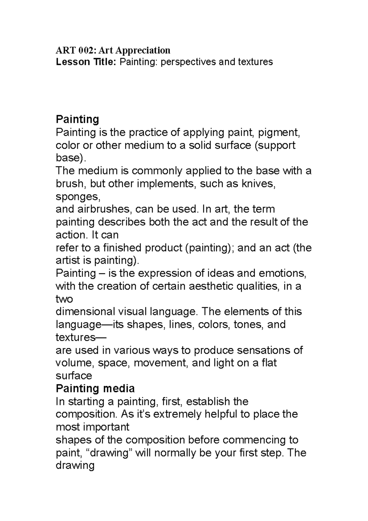 ART 002 Art Appreciation ART 002 Art Appreciation Lesson Title