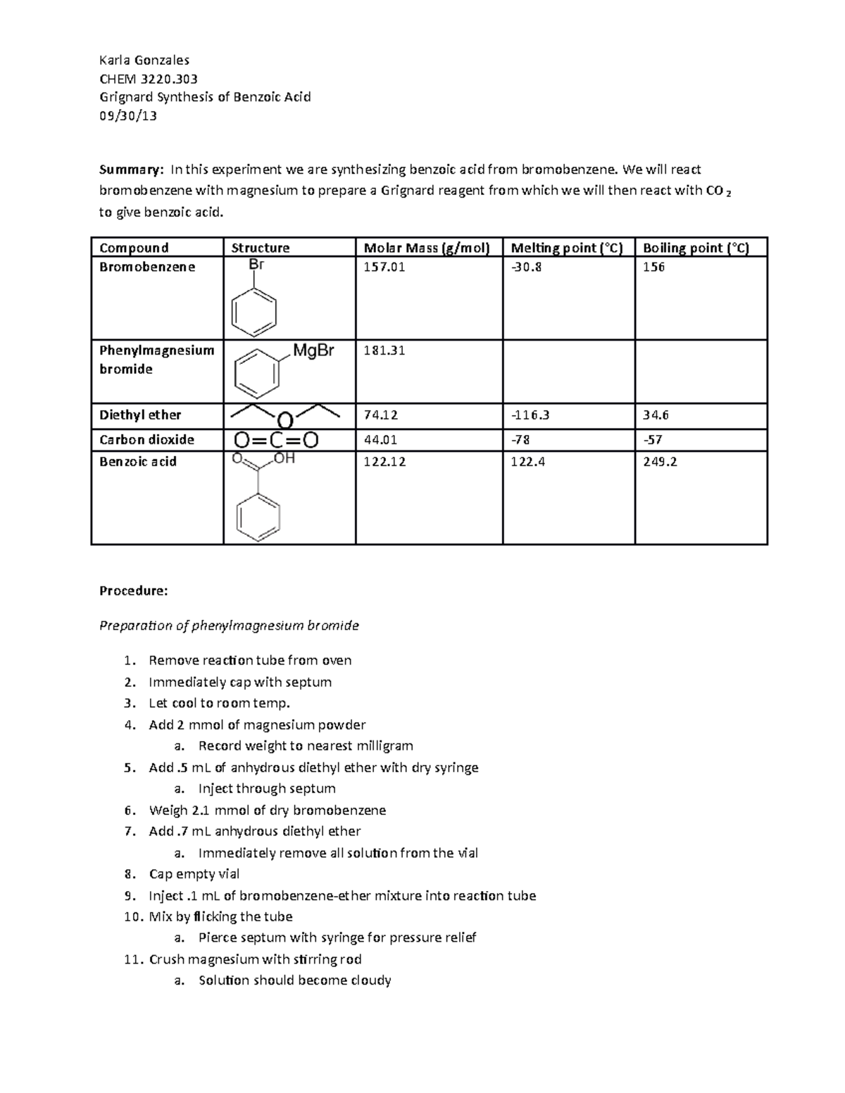 Grignard Synthesis of Benzoic Acid LAB Karla Gonzales CHEM 3220