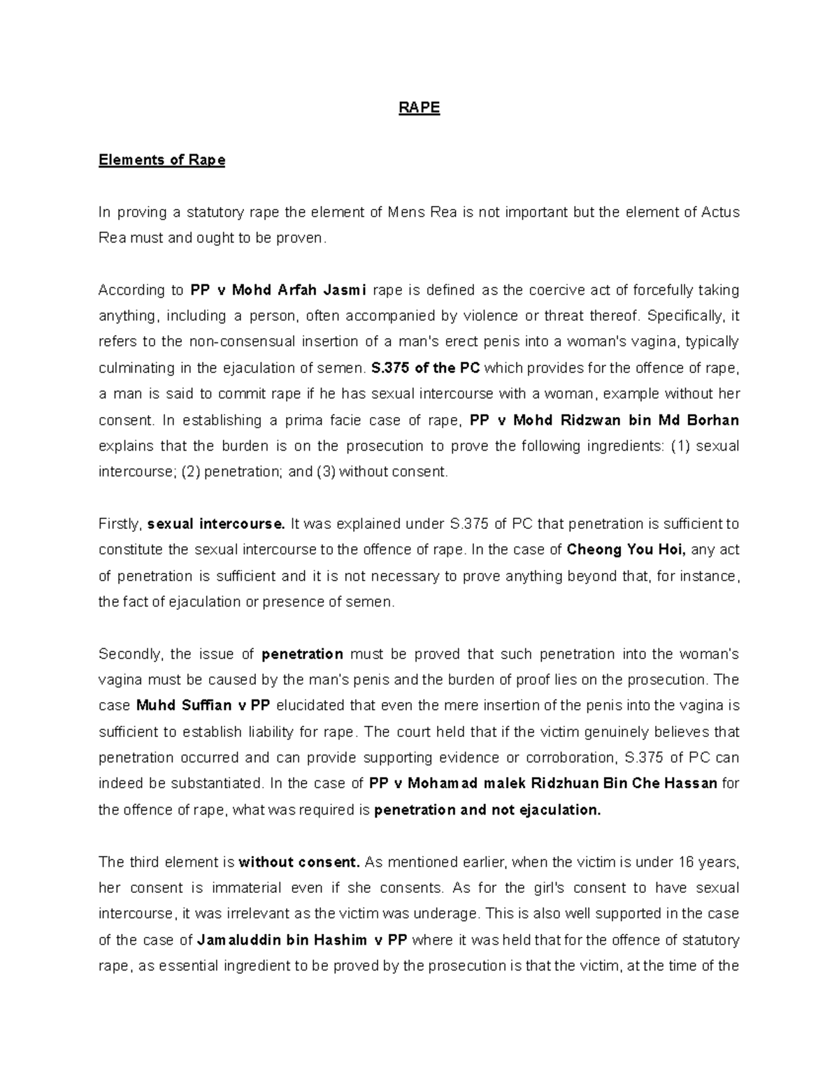 RAPE - Notes on rape - RAPE Elements of Rape In proving a statutory ...
