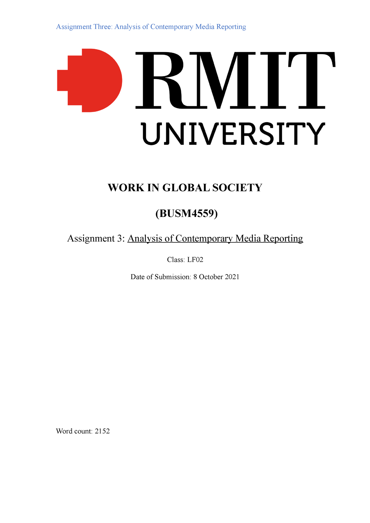 work in global society rmit assignment 3