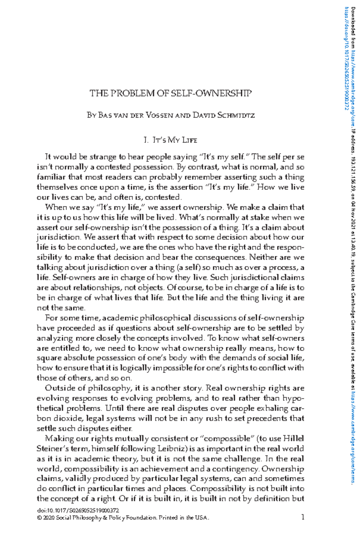 The problem of self ownership - Hedendaagse analytische wijsbegeerte ...