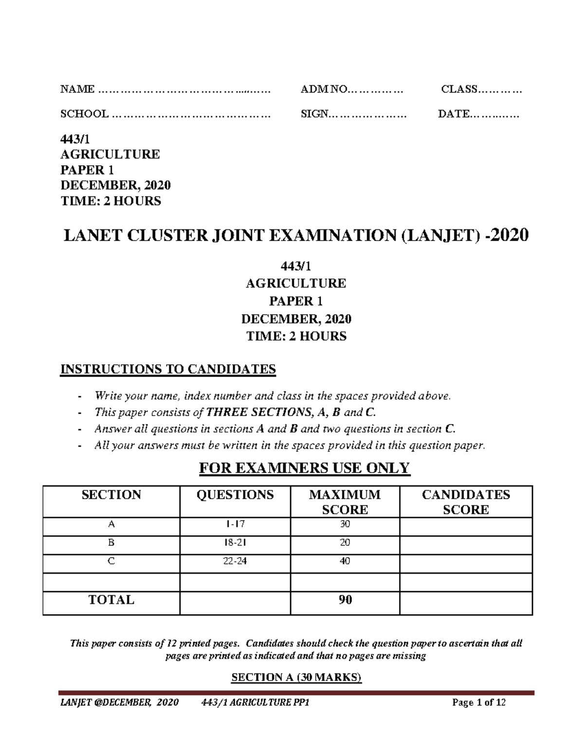 Lanjet Exam December 2020 Agriculture Paper 1 PDF - NAME - Studocu
