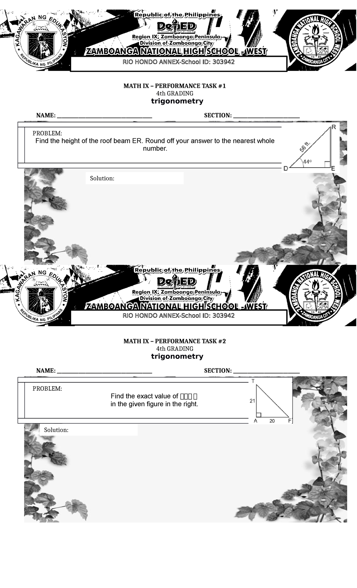 MATh 9 Q4 Performance Tasks MATH IX PERFORMANCE TASK 4th GRADING 