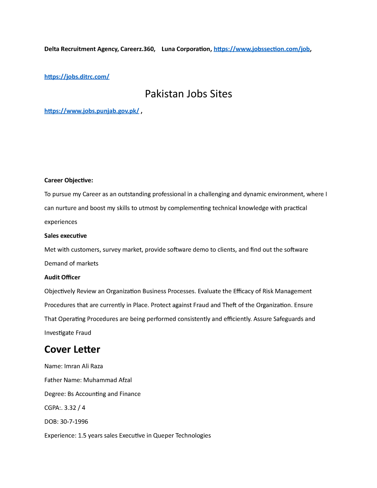 career objective of cover letter