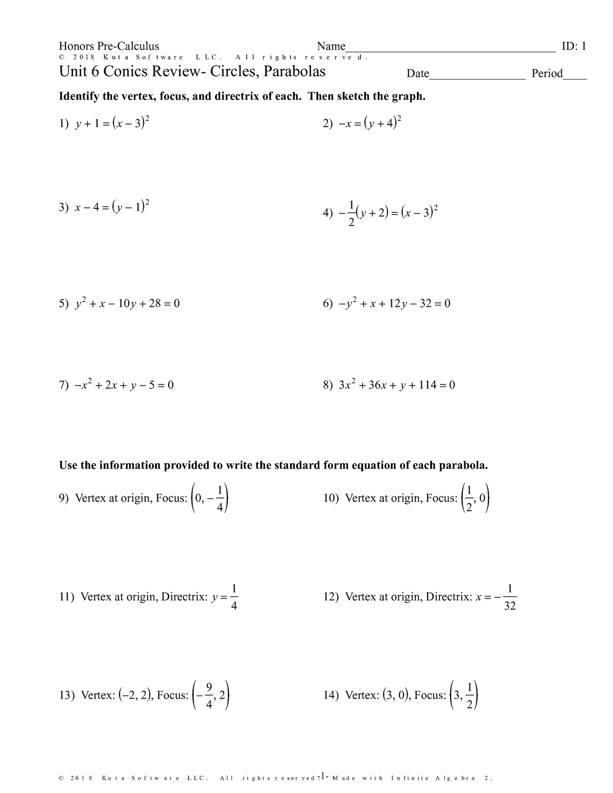 Unit 6 Review Conics Circles Parabolas - ©_ _ 2 t 0 n 1 H 8 W vKtuUtKaL ...