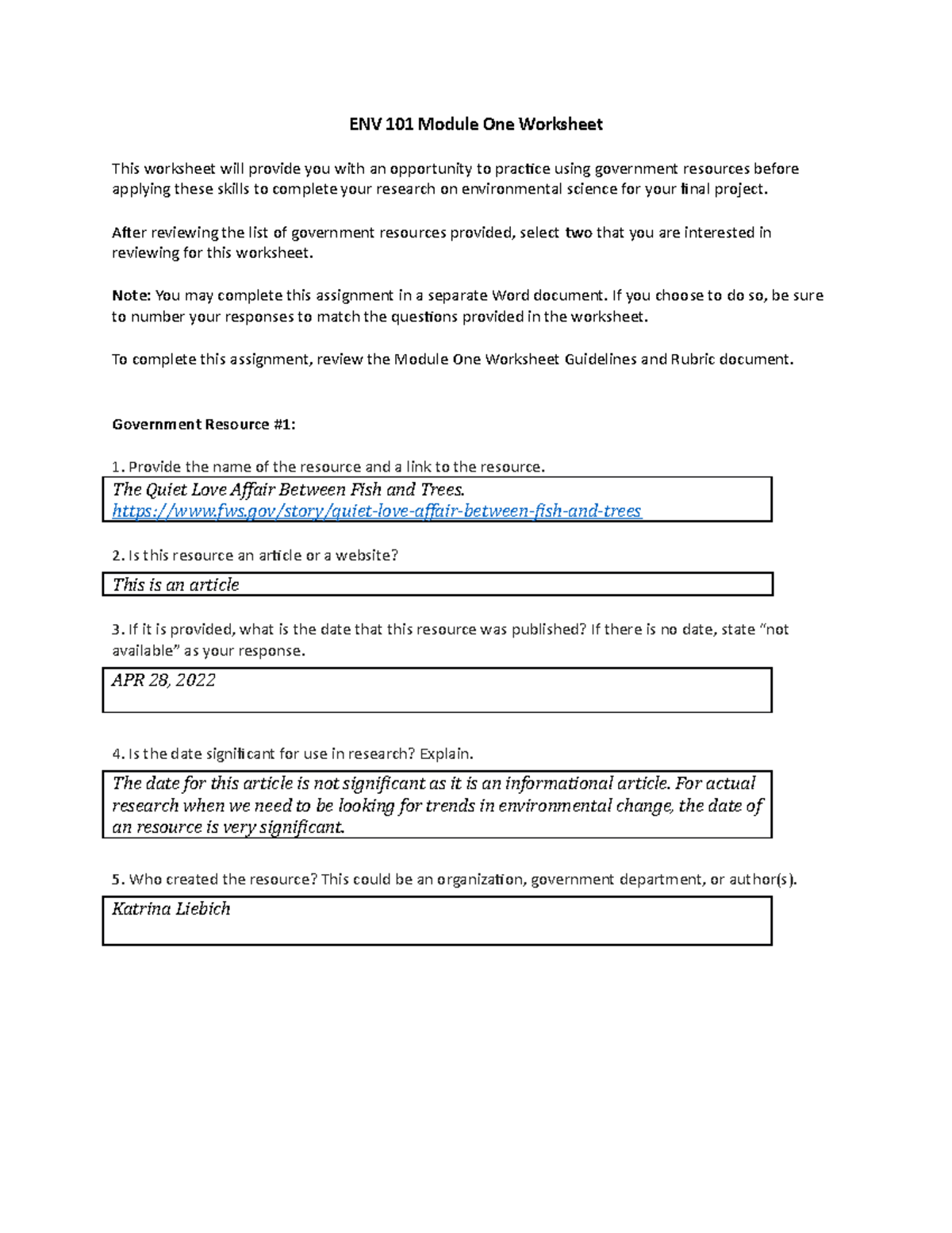 Evo Sci Worksheet - Assignment - ENV 101 Module One Worksheet This ...