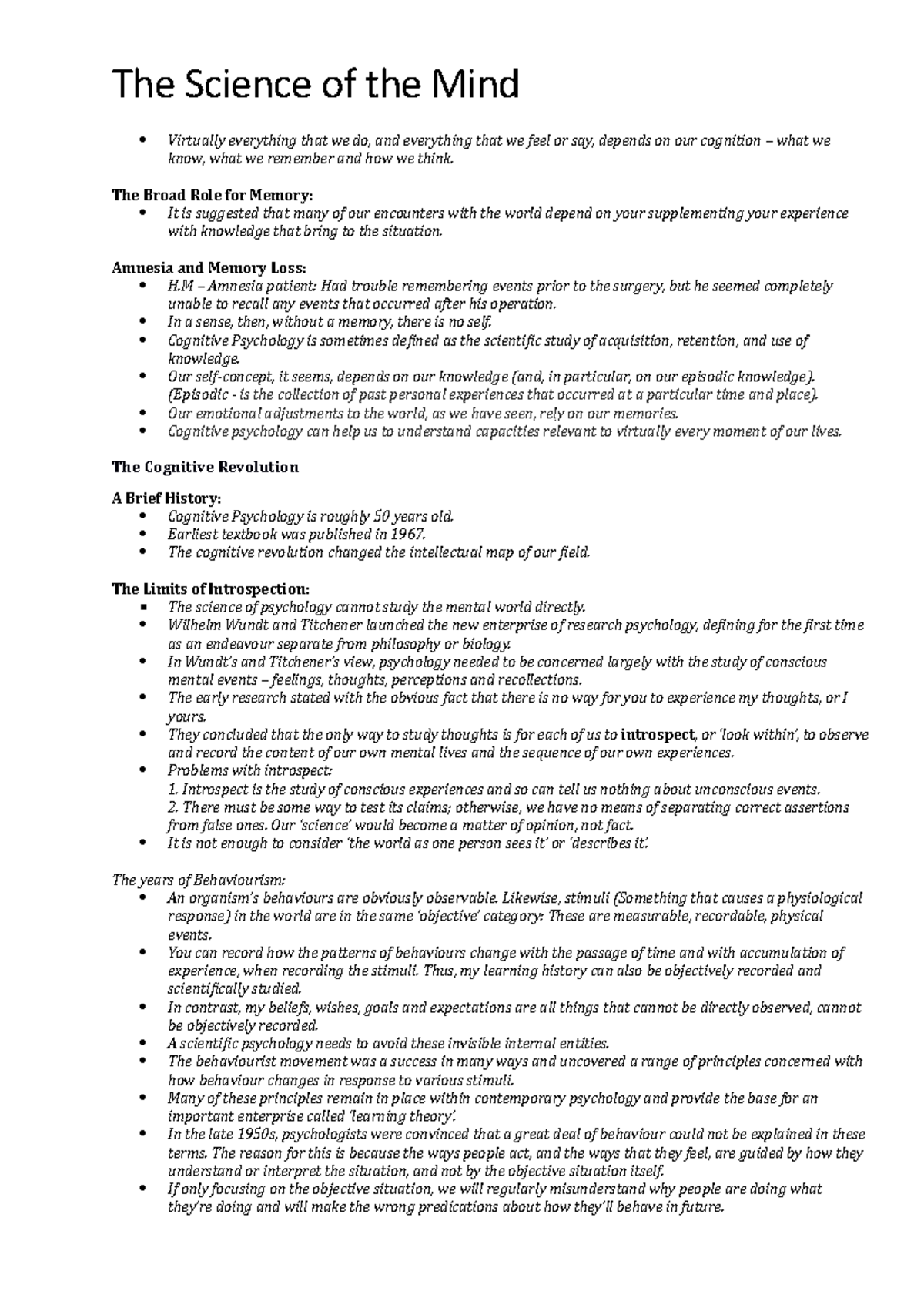 Summary Cognition: Exploring the Science of the Mind - The Science of ...