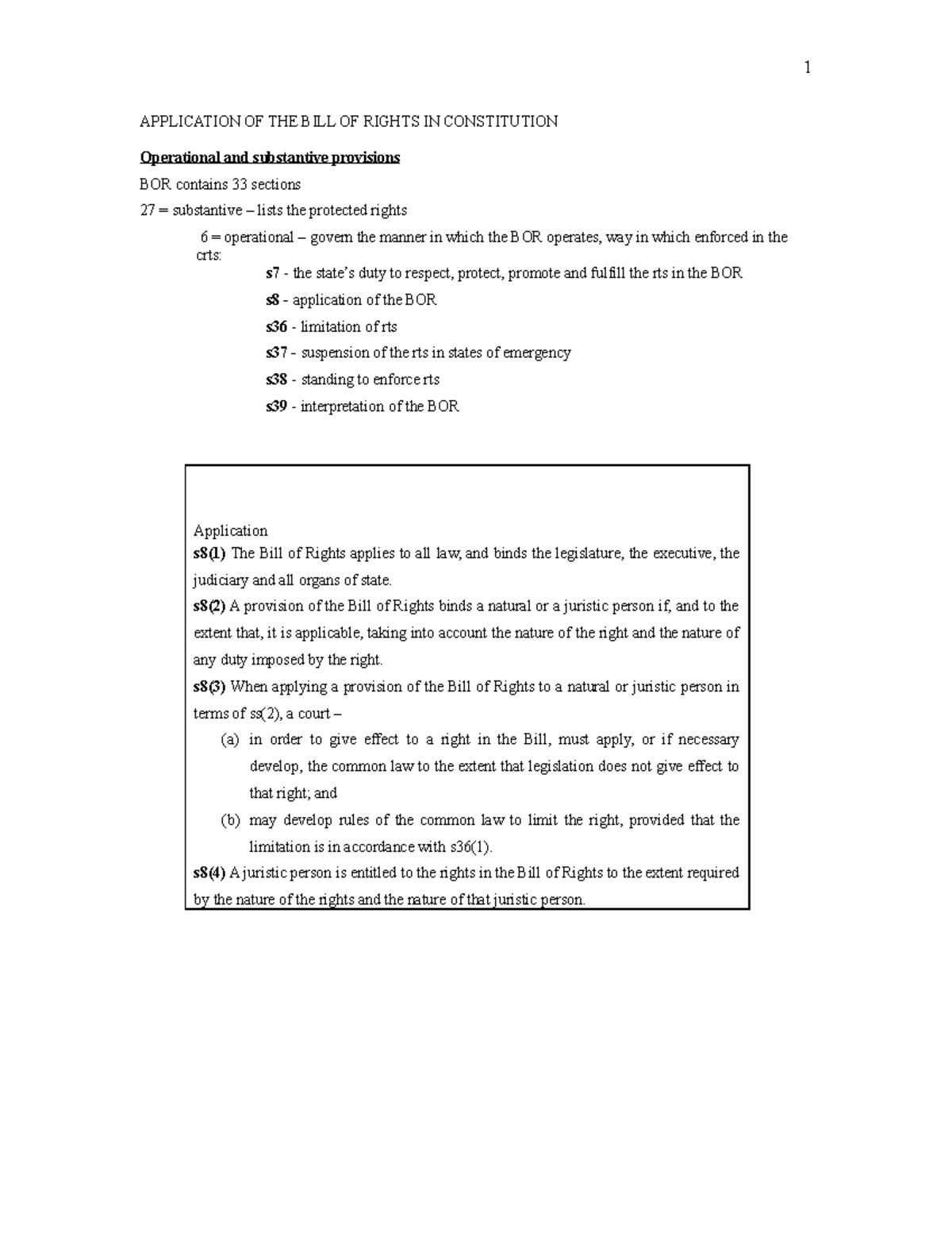 Constitutional Law Notes 1 BOR - APPLICATION OF THE BILL OF RIGHTS IN ...