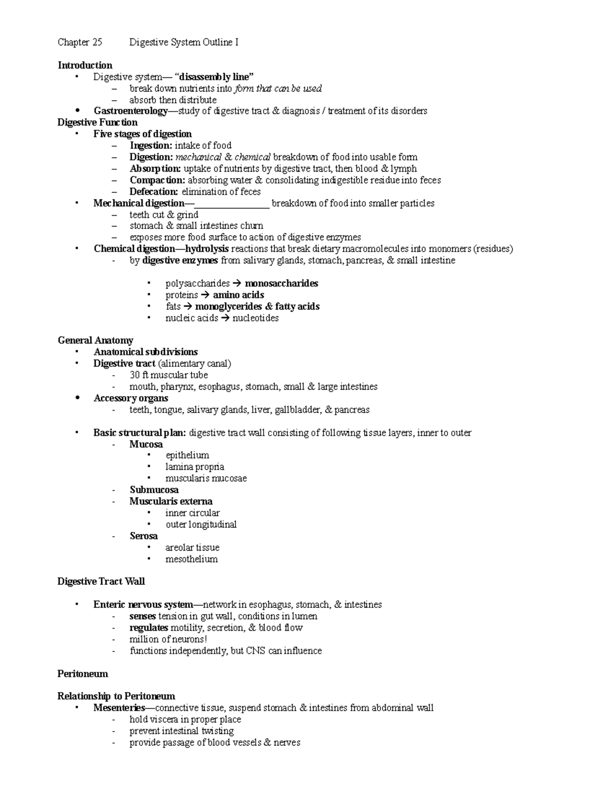 A&PII Chap25 Digest I - notes outline for matre - Chapter 25 Digestive ...