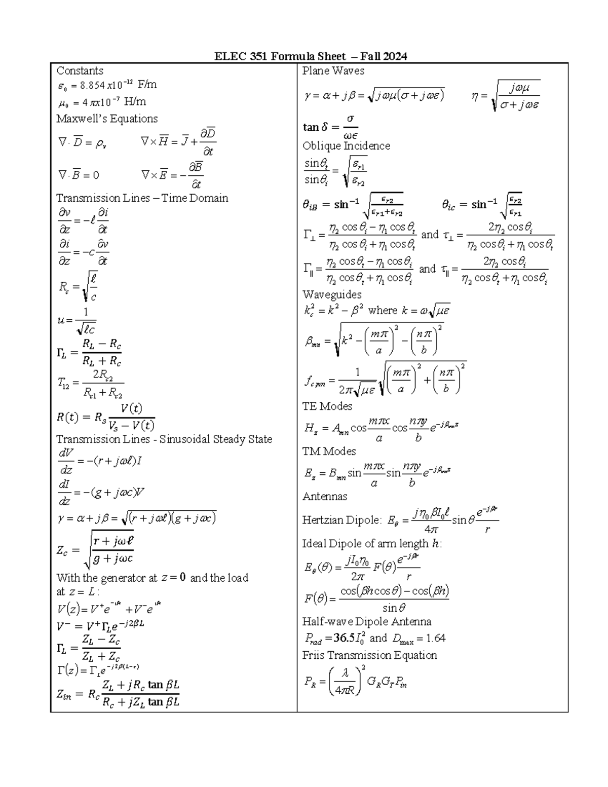 Formula Sheet Electromagnetism - ELEC 351 Formula Sheet – Fall 2024 ...