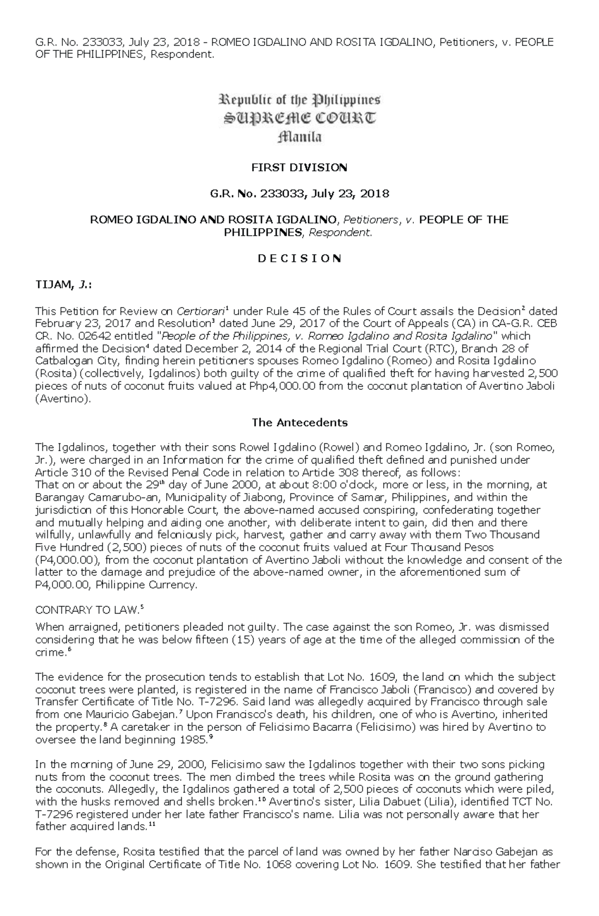 Qualified theft - Grade: B+ - G. No. 233033, July 23, 2018 - ROMEO ...