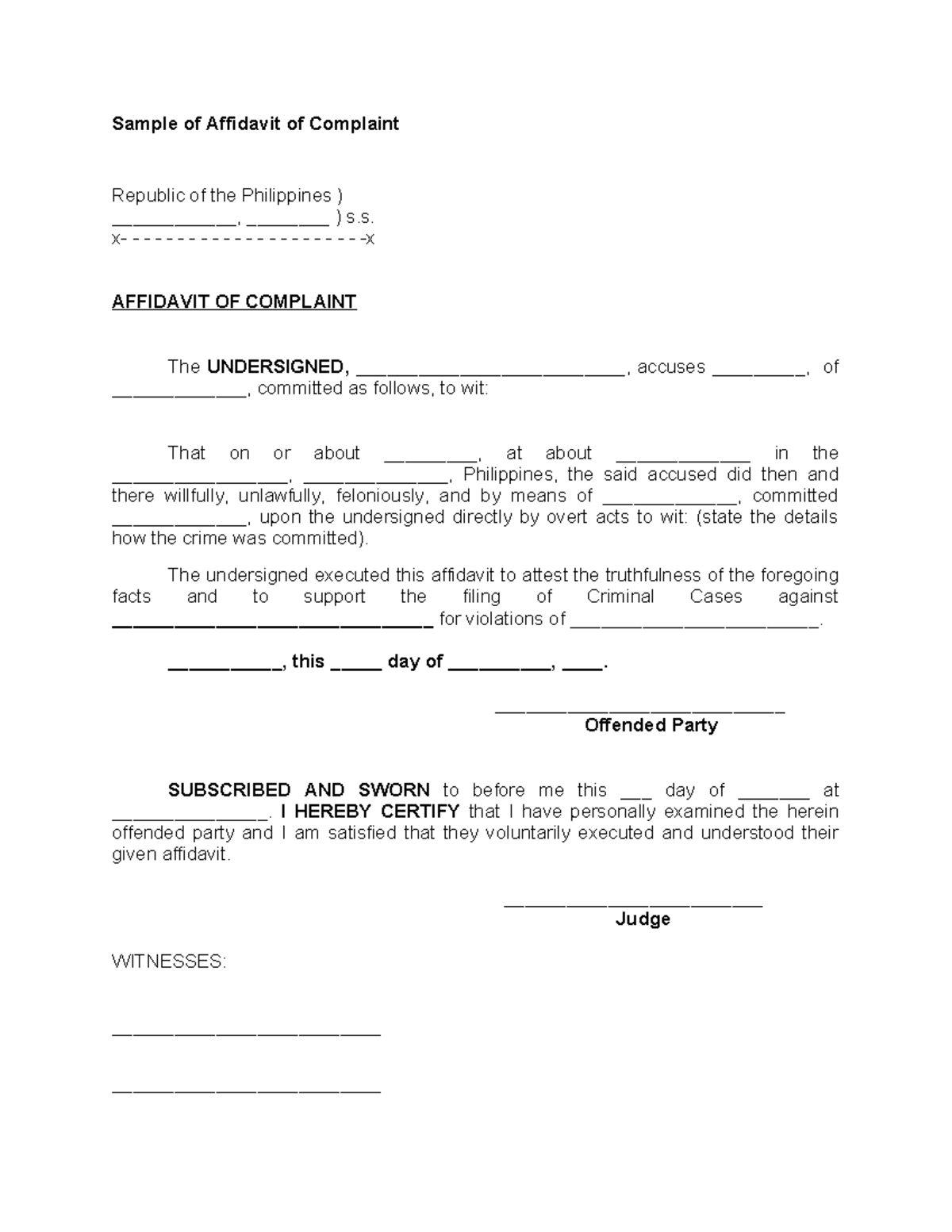 Sample of Affidavit of Complaint - Sample of Affidavit of Complaint ...