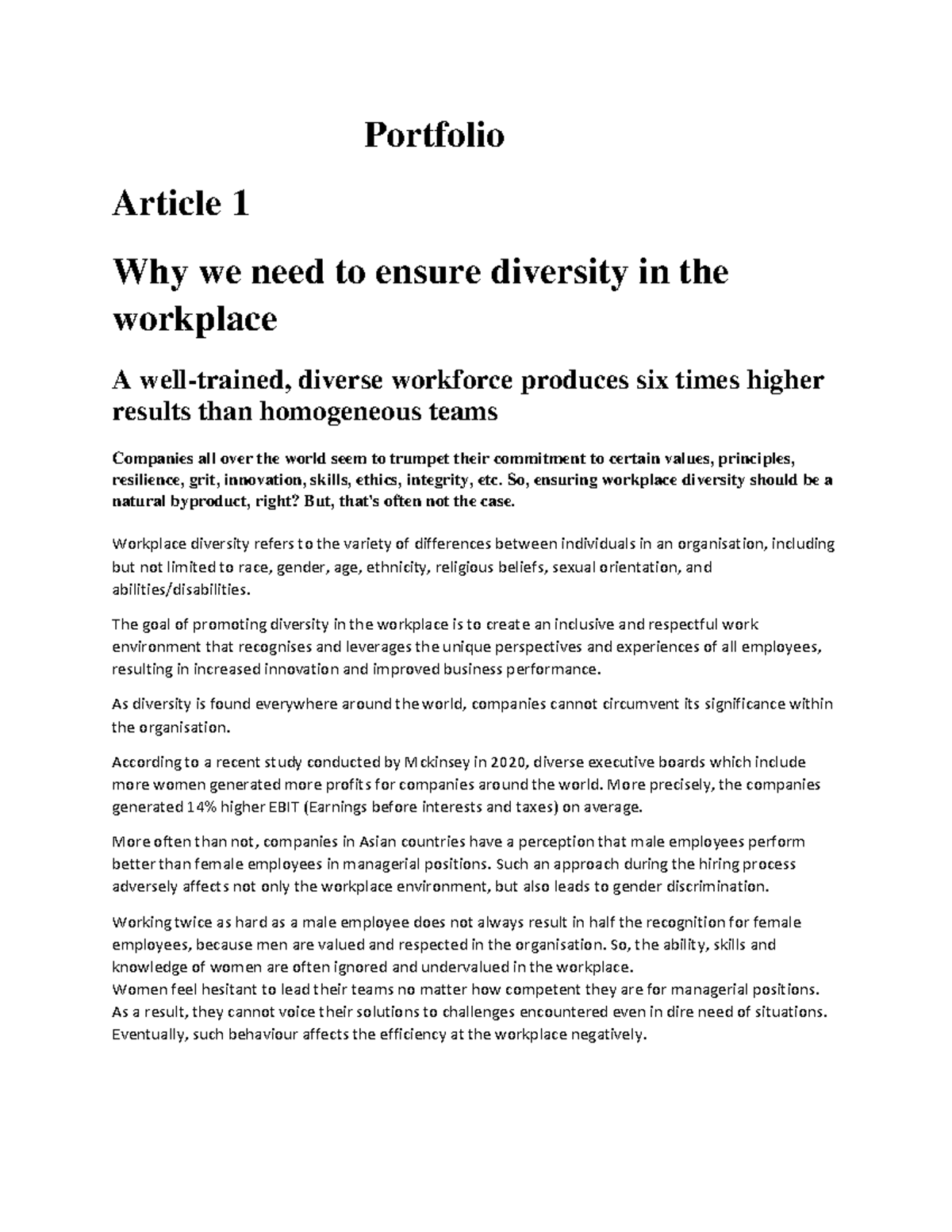 Portfolio - Notes - Portfolio Article 1 Why we need to ensure diversity ...