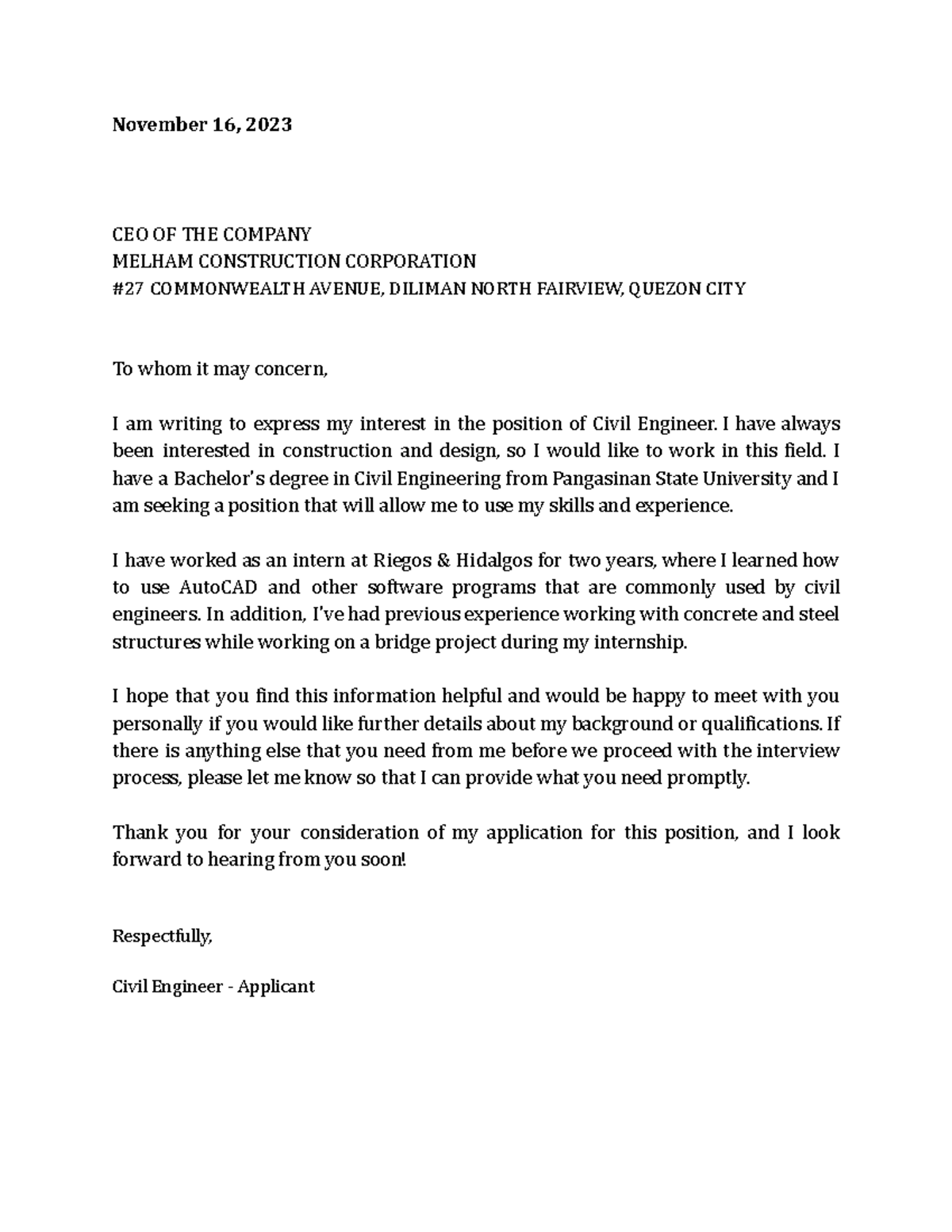 Application Letter - November 16, 2023 CEO OF THE COMPANY MELHAM ...