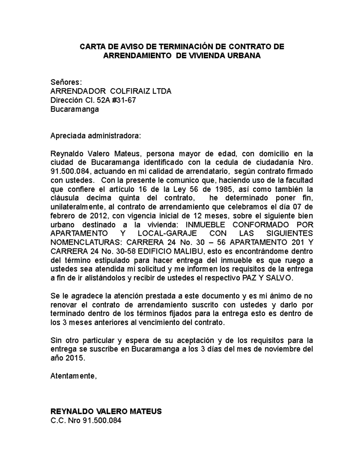 Carta De Aviso De Terminación De Contrato De Arrendamiento De Vivienda Urbana Carta De Aviso 8151