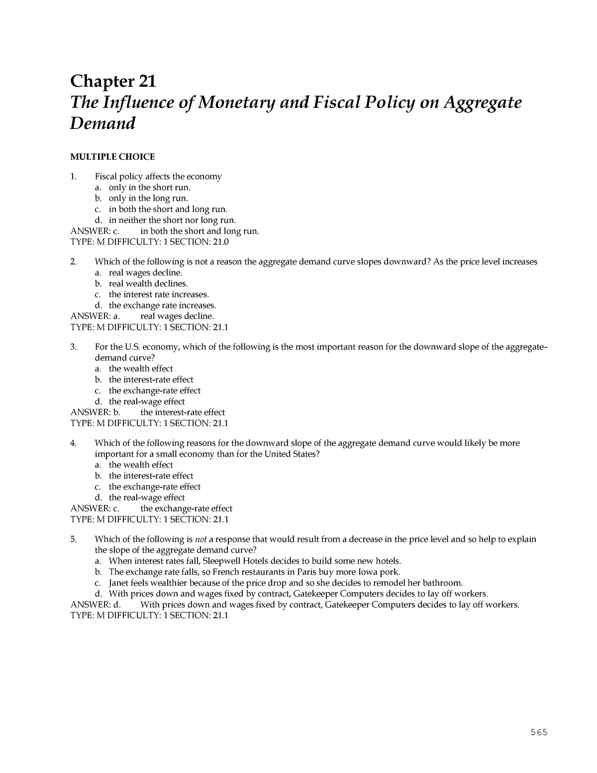 Macro Chapter 21 565 Chapter 21 The Influence Of Monetary And Fiscal Policy On Aggregate