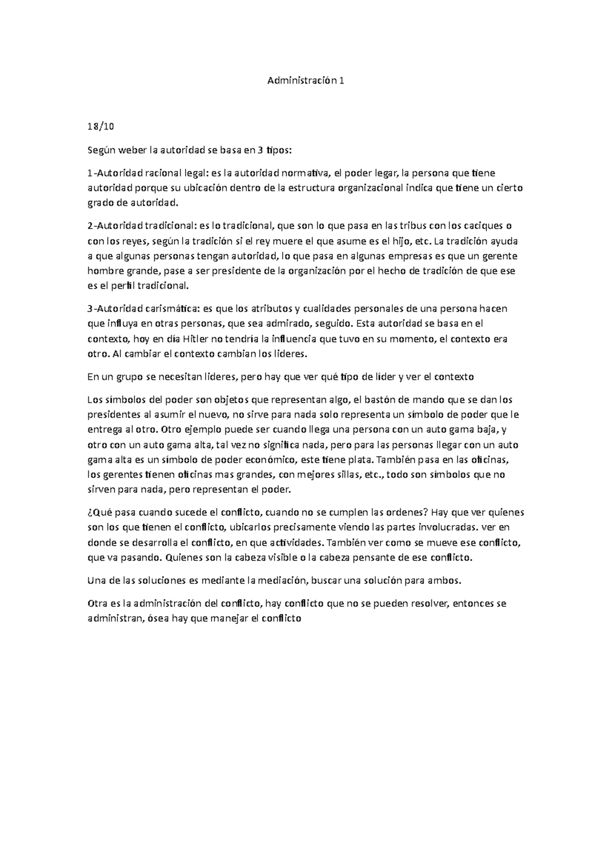 Administración 1 18-10 - Administración 1 18/ Según weber la autoridad ...