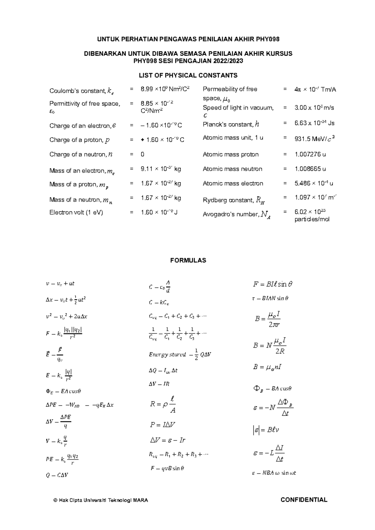 7. Equation PHY098 - past year midterm phy - © Hak Cipta Universiti ...