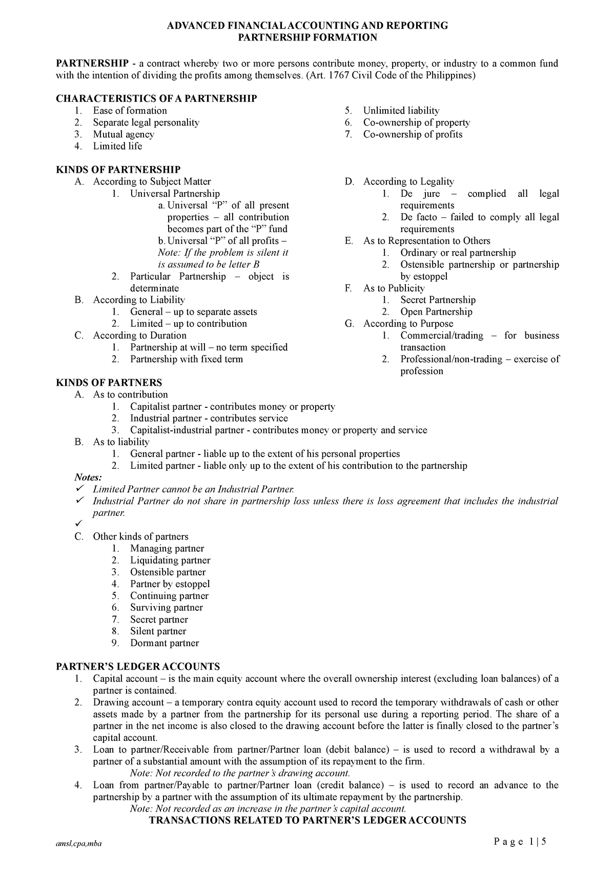 AFAR1-Partnership-Formation-Handout - ADVANCED FINANCIAL ACCOUNTING AND ...