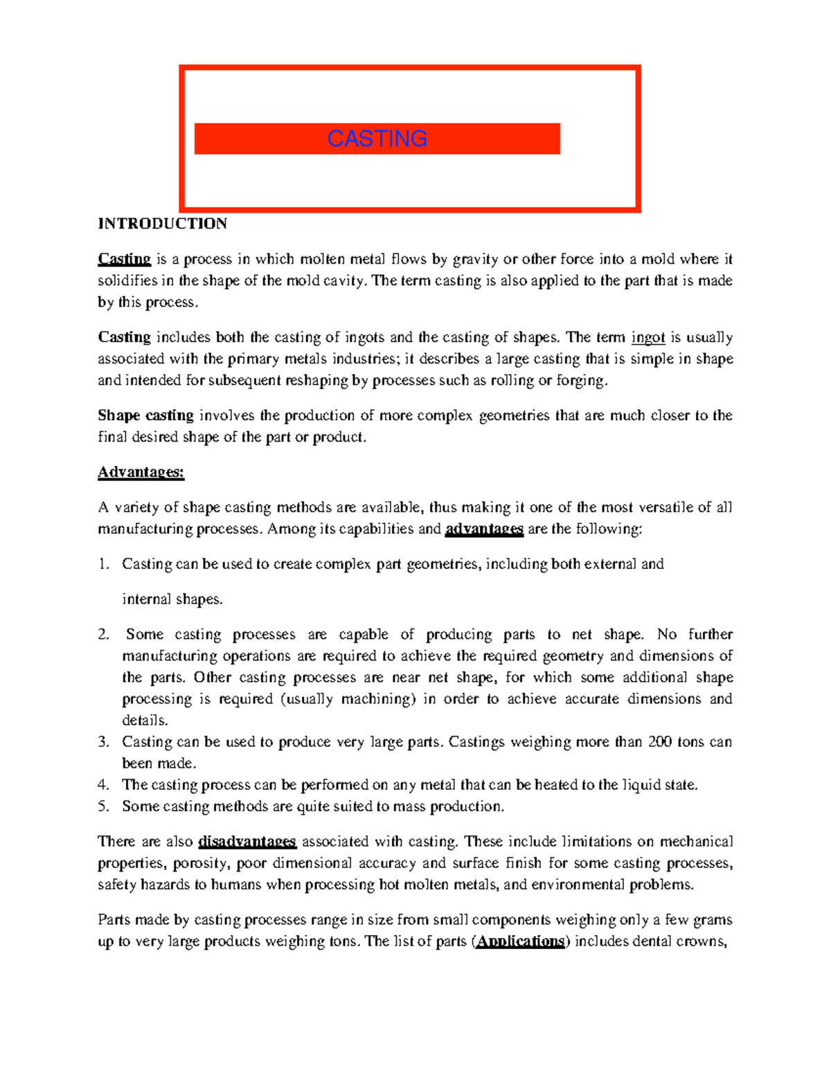 Casting Notes 11 II/IV B. Mechanical Engineering Name of the