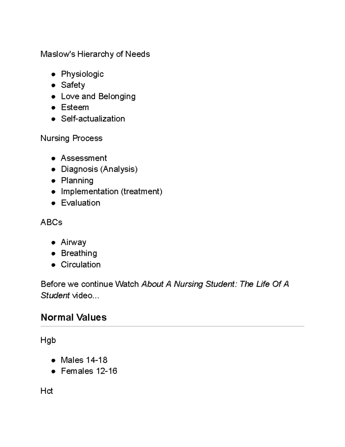 Ncelx HESI Study guide - Maslow's Hierarchy of Needs Physiologic Safety ...