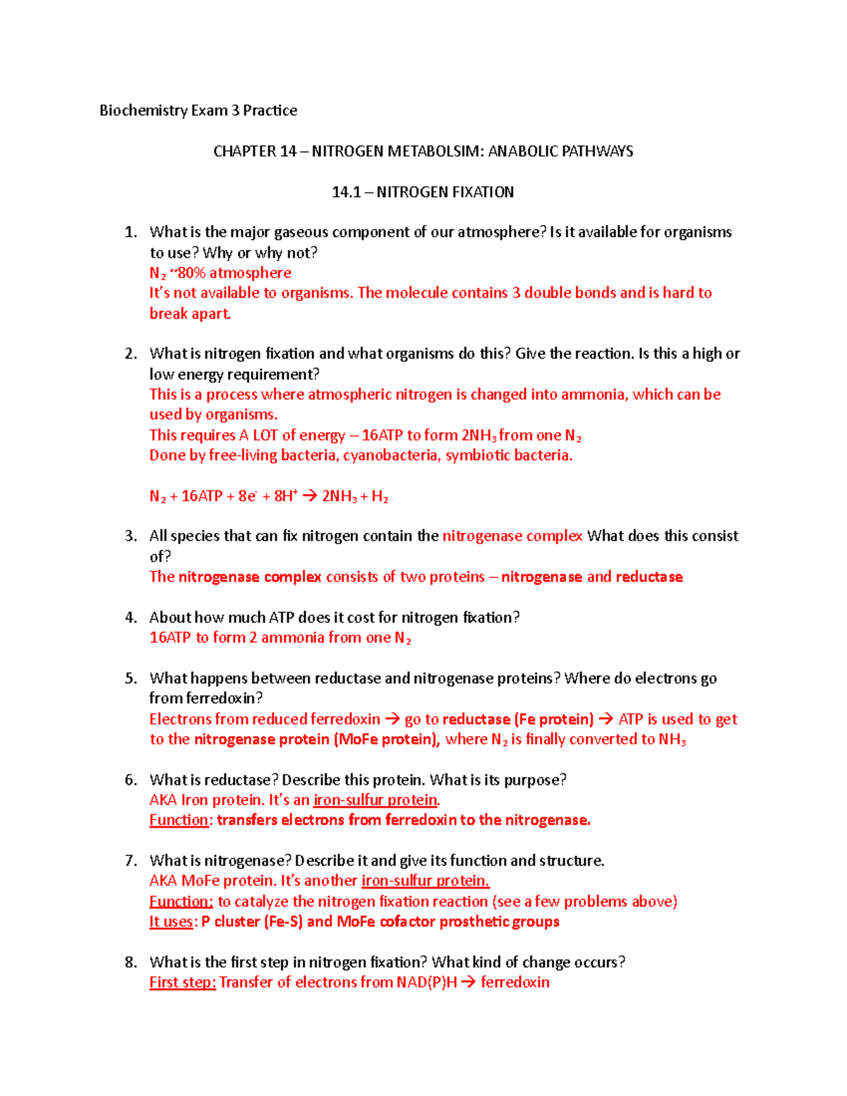 Biochem Chapter 14 Biochemistry Exam 3 Practice CHAPTER 14 NITROGEN