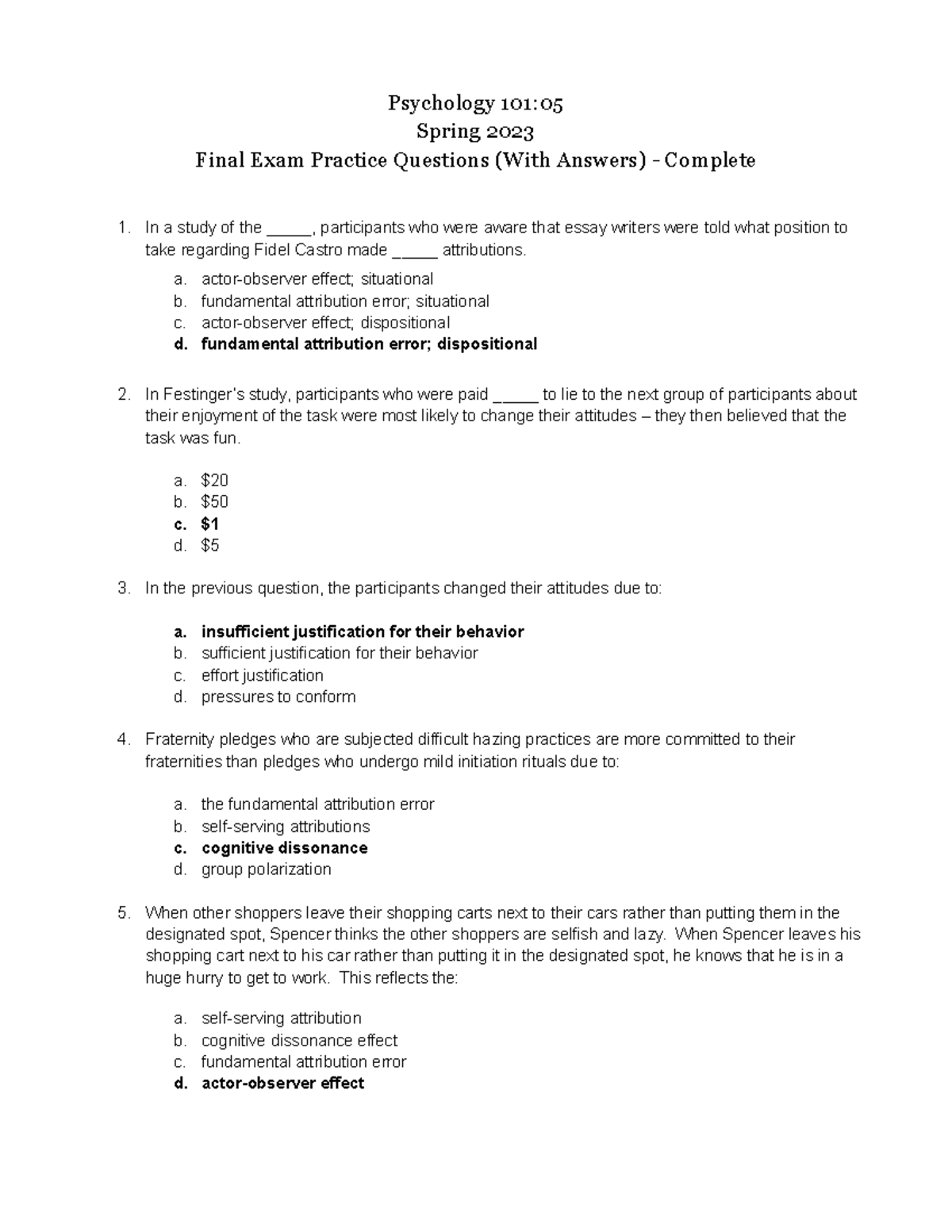 General Psychology (05) - Final Exam Practice Questions (With Answers ...