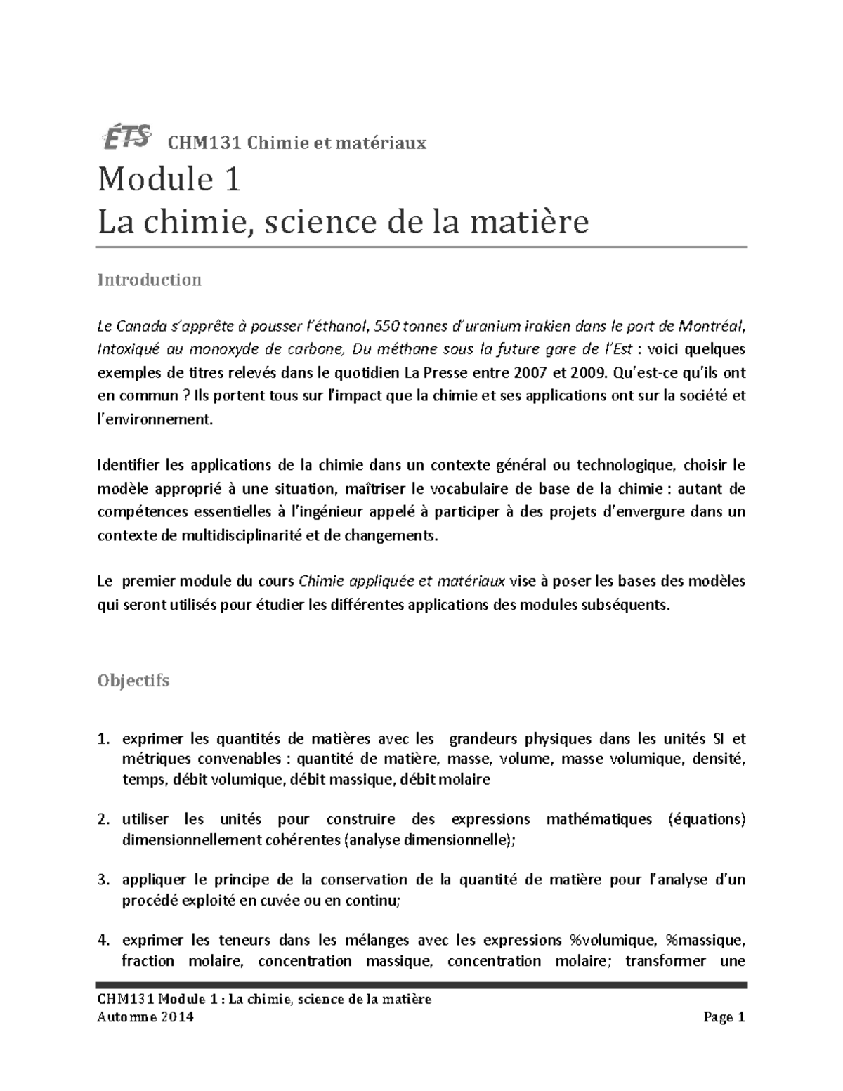 Module 1 La chimie science de la matière - CHM131 Module 1 : La chimie ...