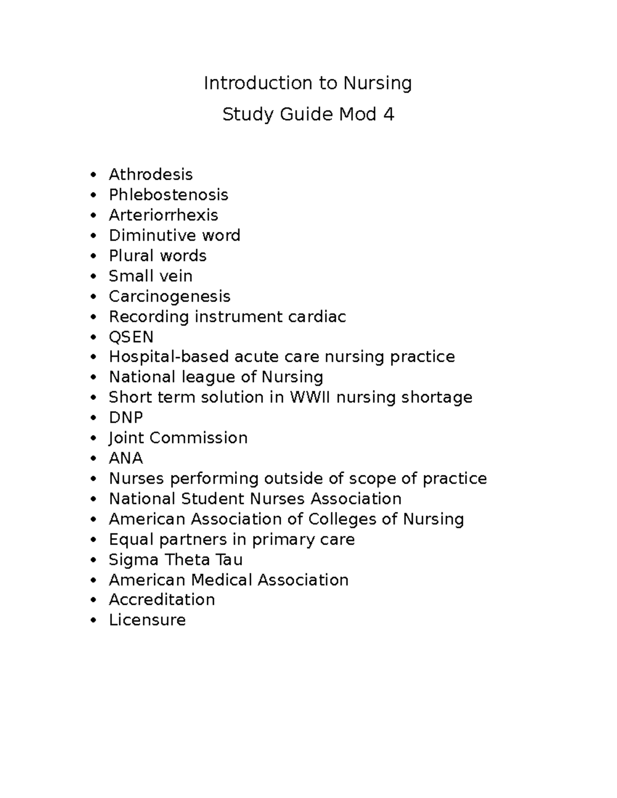 Module 4 Study Guide - Exam 4 - Introduction To Nursing Study Guide Mod ...