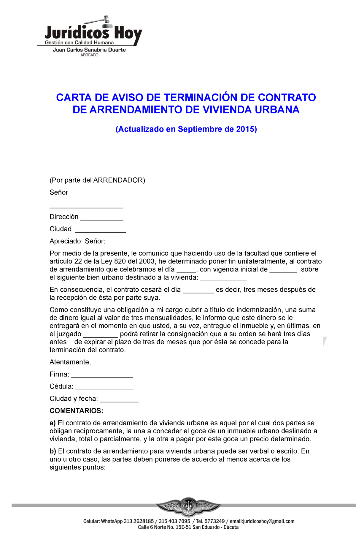 Carta DE Aviso DE Terminación DE Contrato DE Arrendamiento DE Vivienda  Urbana - CARTA DE AVISO DE - Studocu