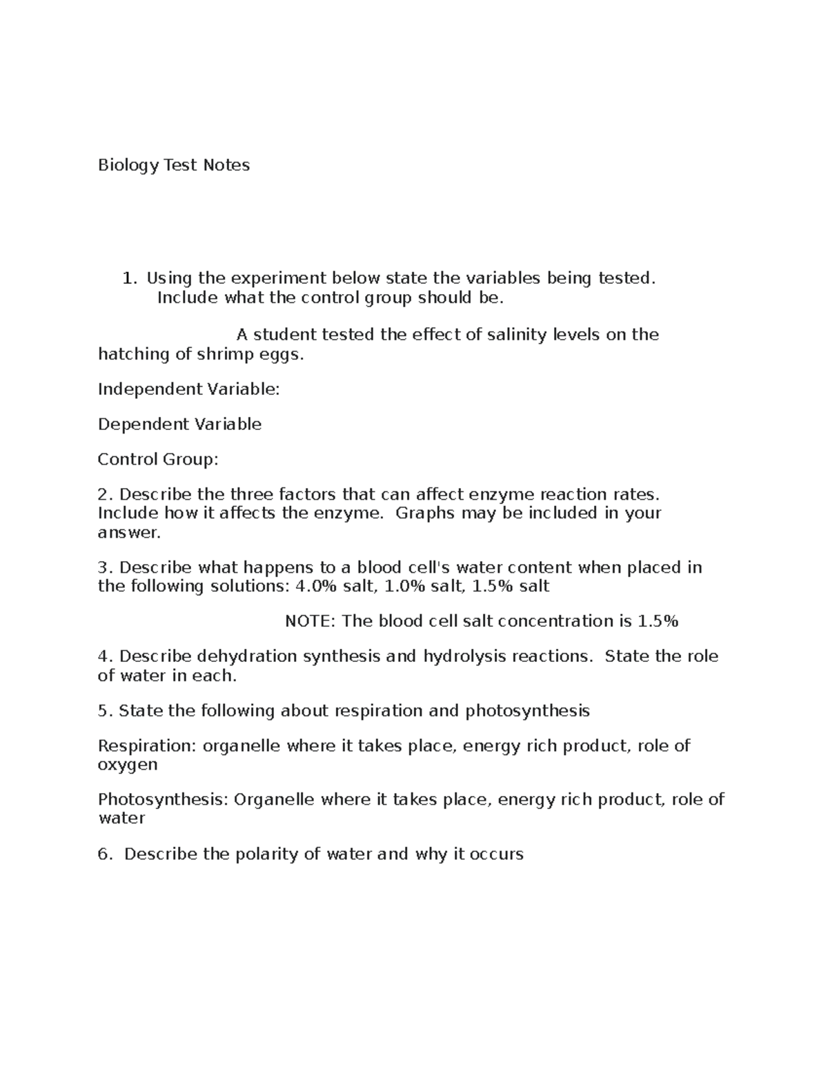 Biology Test 1 Notes Biology Test Notes Using the experiment below