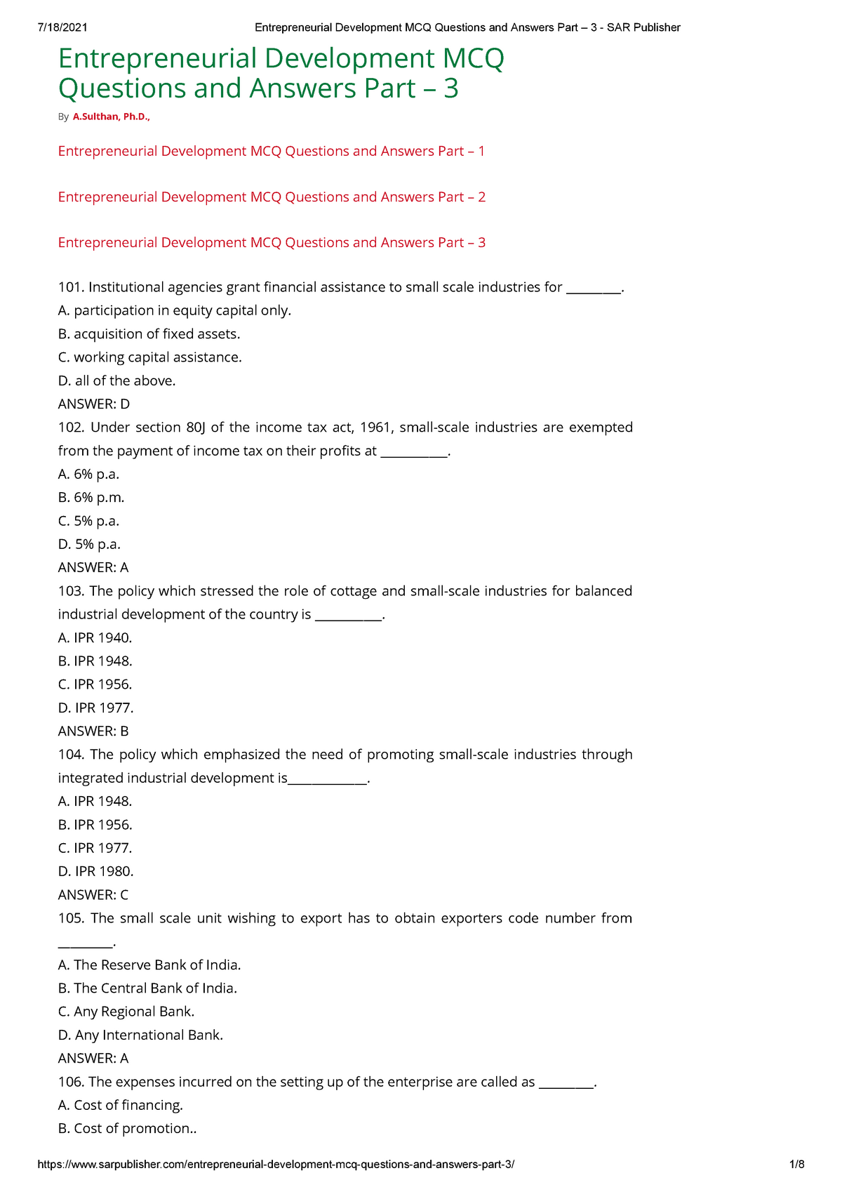 Entrepreneurial Development MCQ Questions And Answers Part – 3 - SAR ...