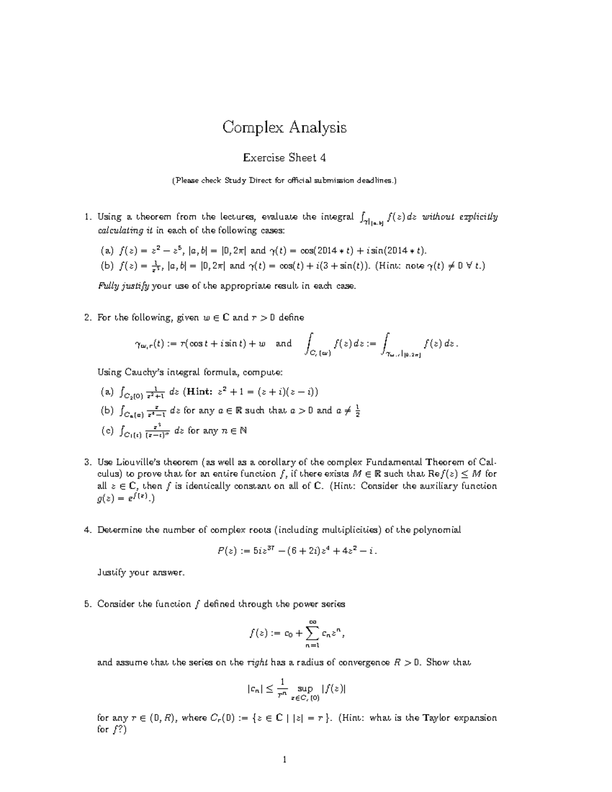 Complex Analysis Worksheet 4 2016 - Complex Analysis Exercise Sheet 4 ...