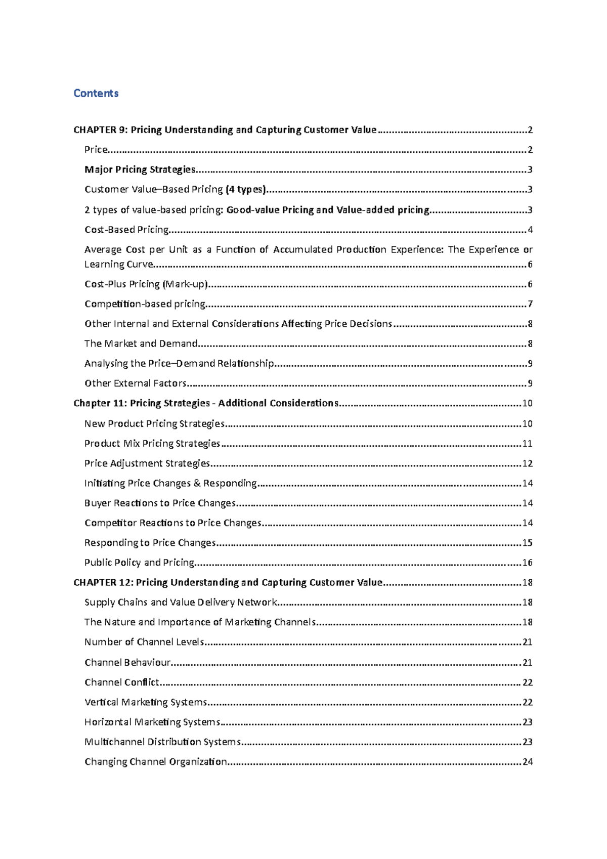 MKTG Exam Notes - Contents CHAPTER 9: Pricing Understanding and ...