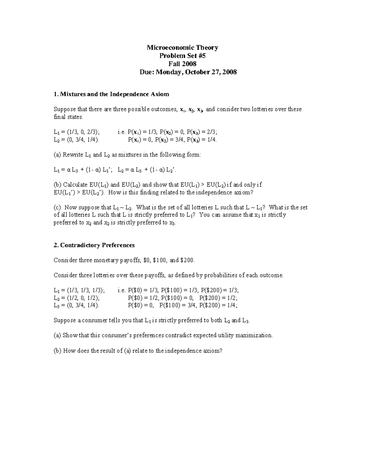 Seminar assignments - Problem set 5 - Microeconomic Theory Problem Set ...