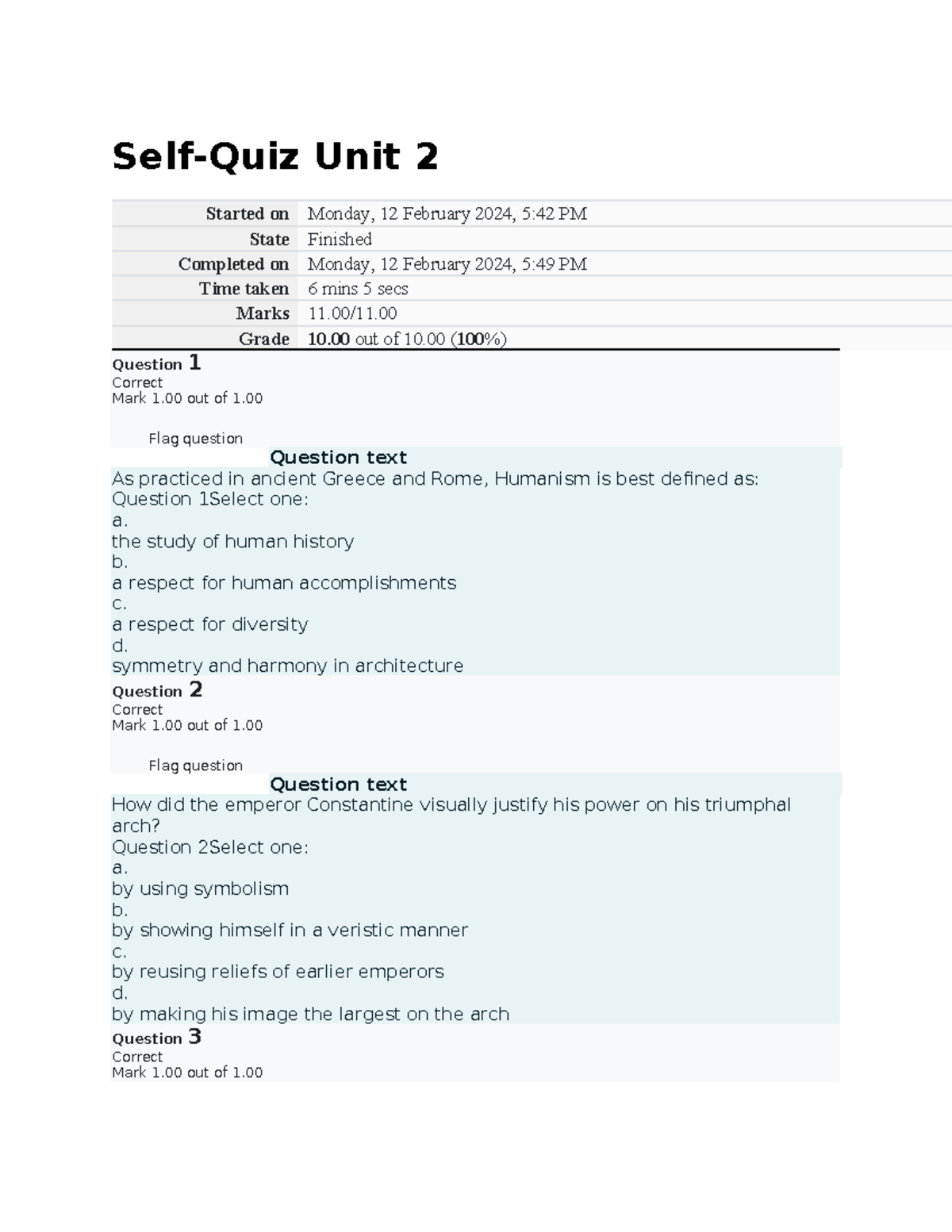 Week 2 exam art - art - Self-Quiz Unit 2 Started on Monday, 12 February ...