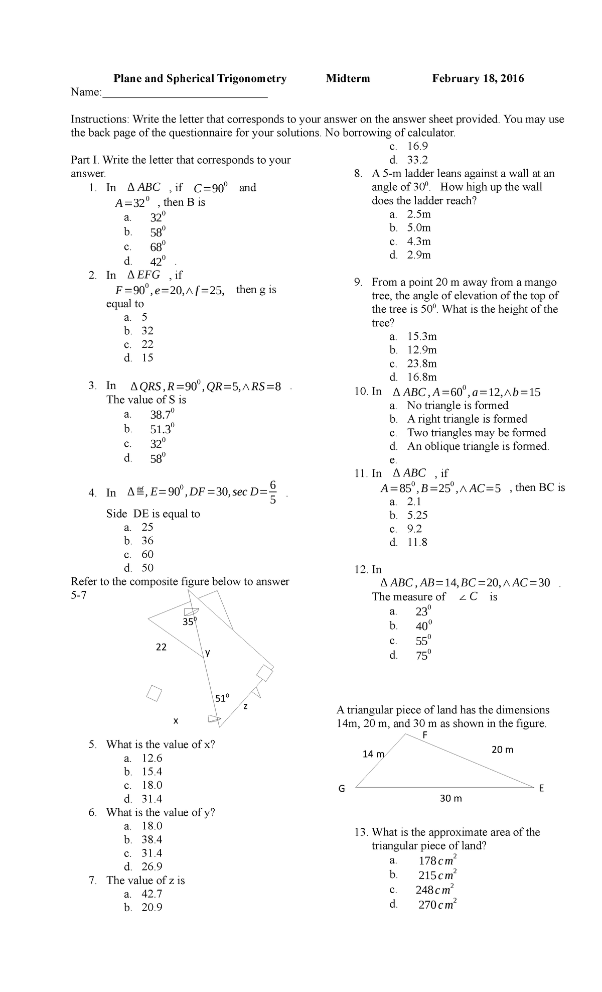 PST Midterm - Plane and Spherical Trigonometry - Plane and Spherical ...