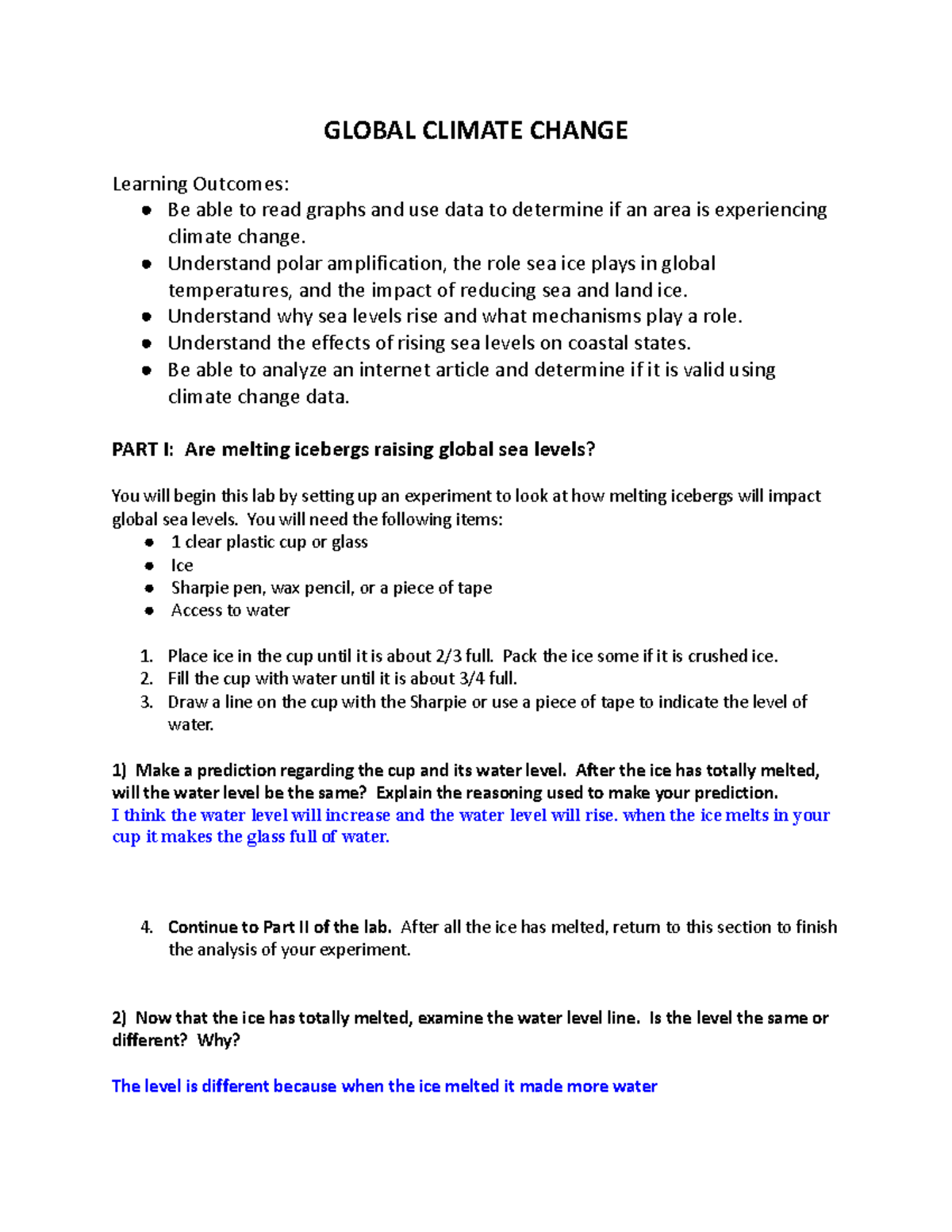 Copy of Climate Change Lab - GLOBAL CLIMATE CHANGE Learning Outcomes ...