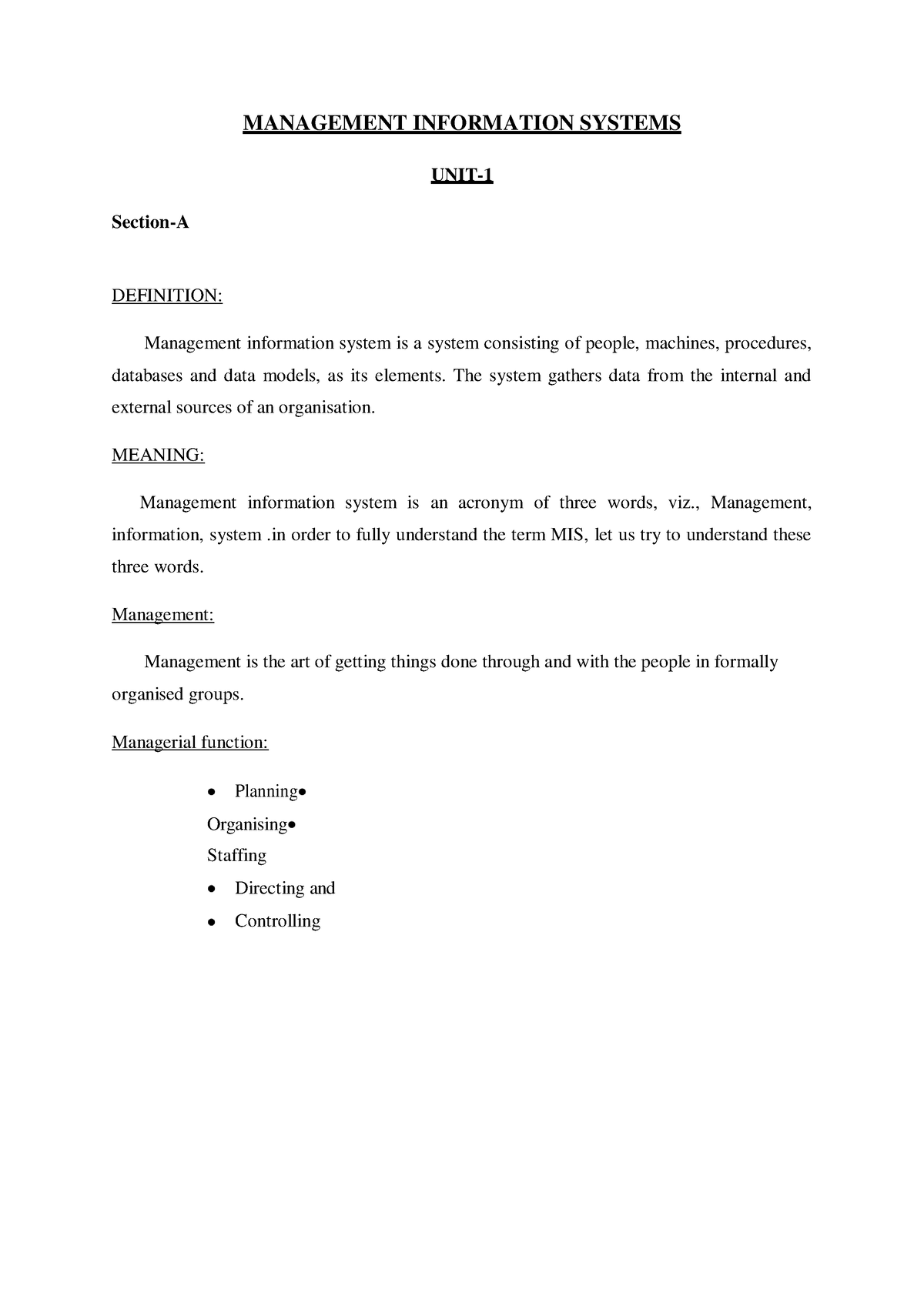 MIS-Notes New -word - Study Notes - MANAGEMENT INFORMATION SYSTEMS UNIT ...