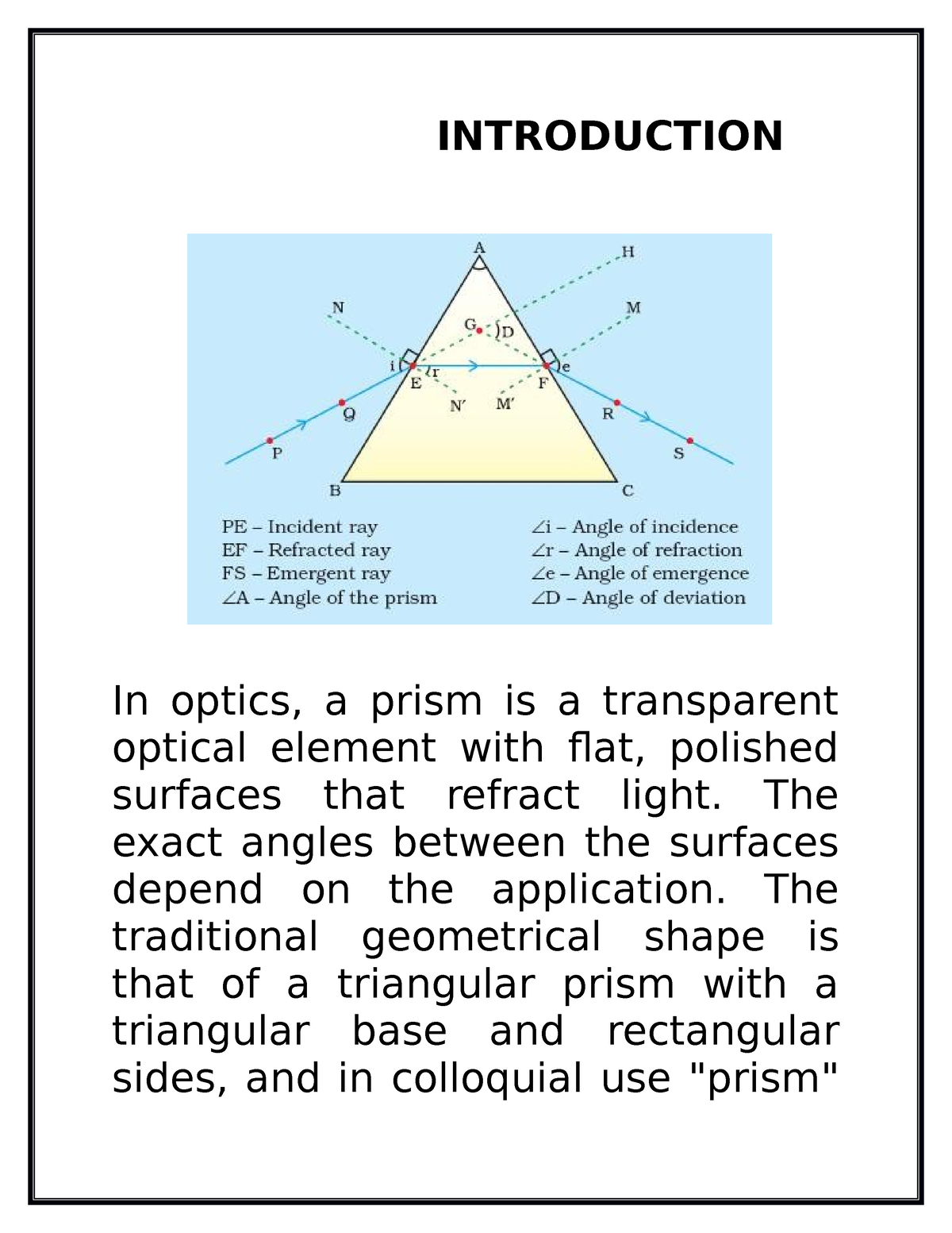 Physics Practical Project - INTRODUCTION In Optics, A Prism Is A ...