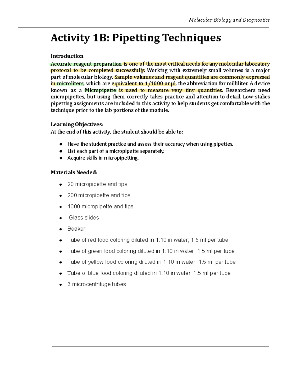 Mol Bio Lab Act 1B And 1C - Pipetting Techniquez - Activity 1B ...