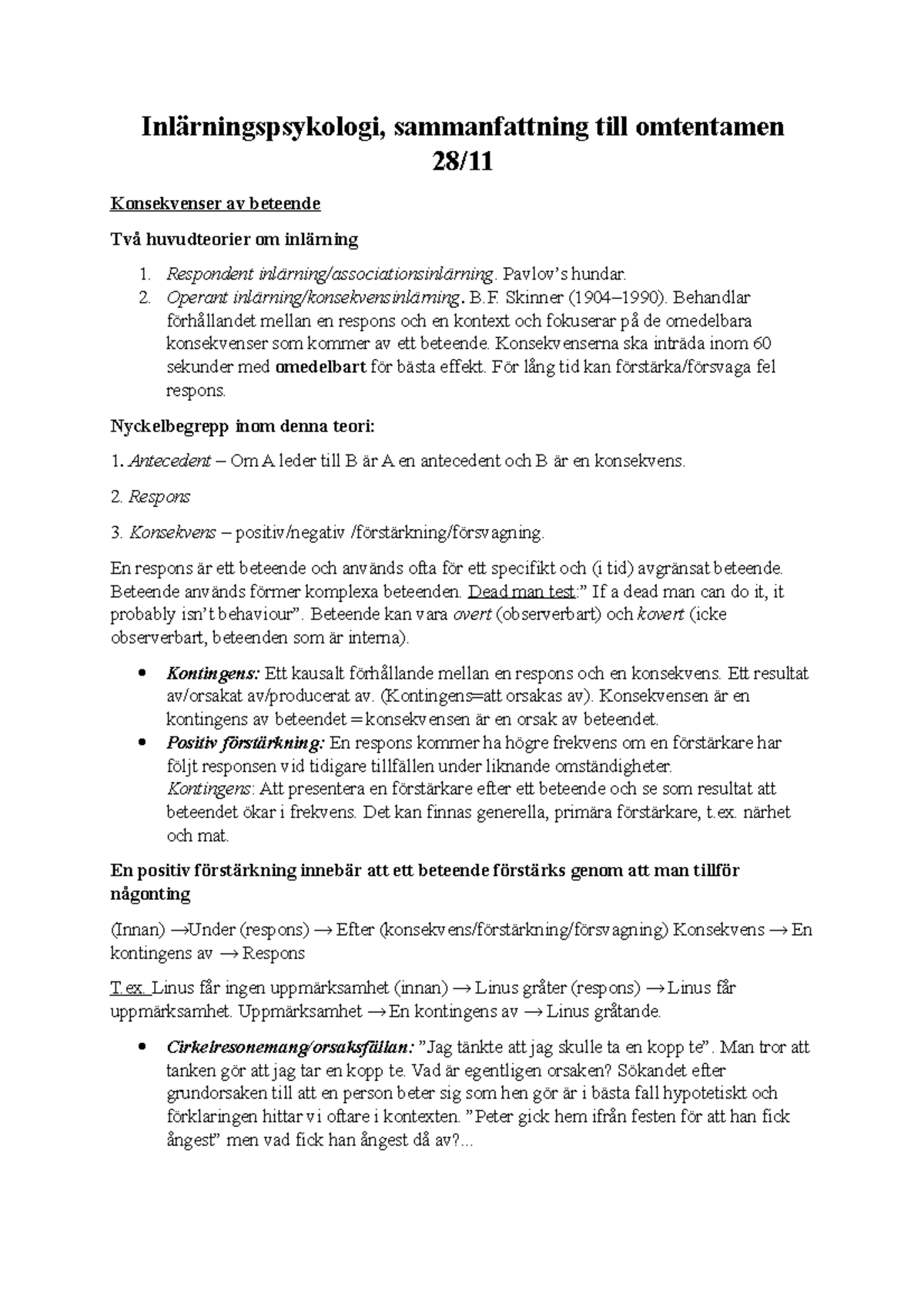 Inlärningspsykologi - föreläsningsanteckningar Alla 