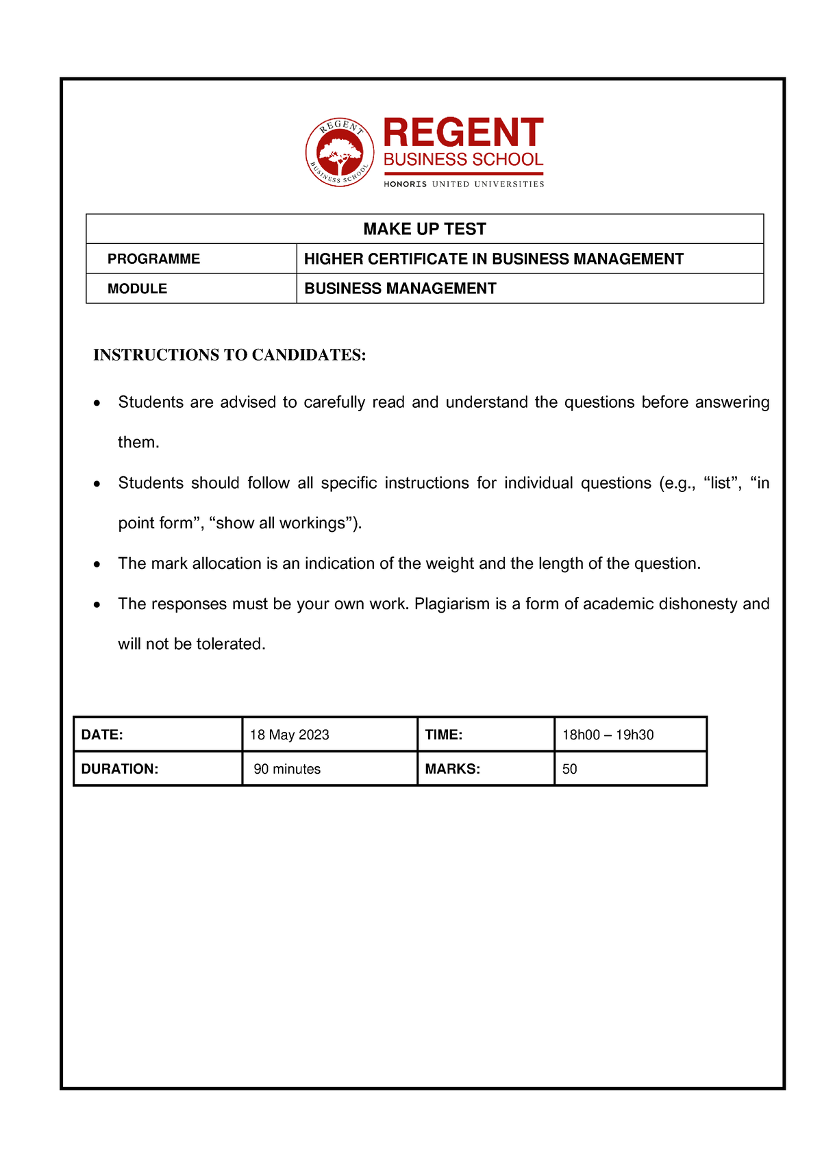 Hcibm Business Management Jan 2023 Test 1 - INSTRUCTIONS TO CANDIDATES ...