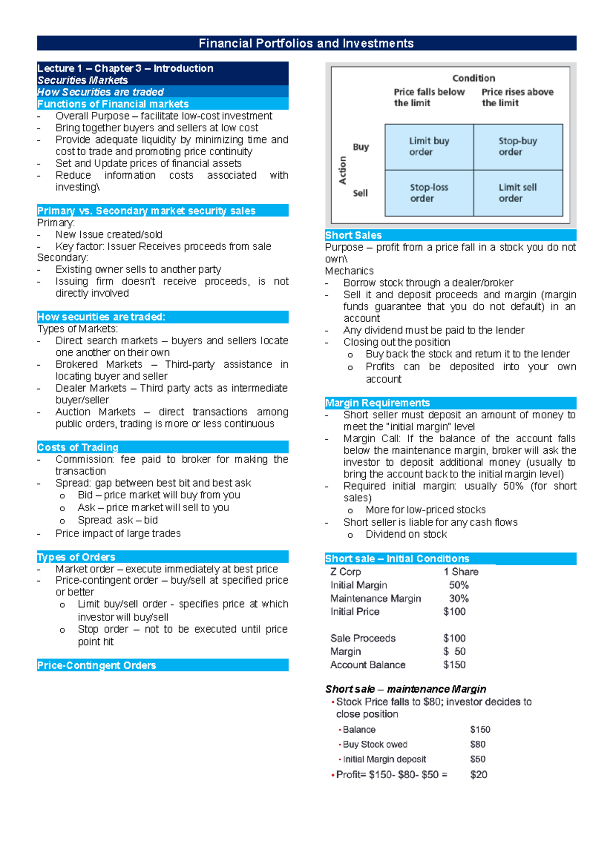 FINC Notes Week 1-7 - Lecture 1 – Chapter 3 – Introduction Securities ...