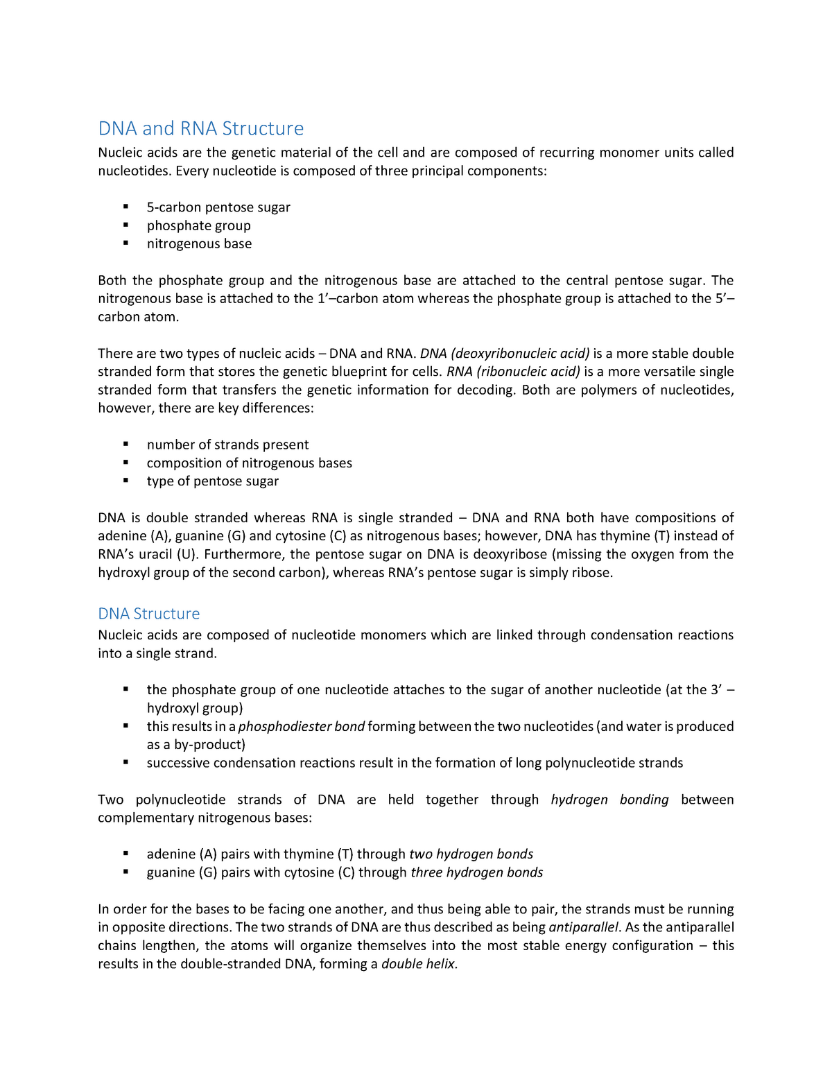 Dna And Rna Structure Notes Studocu