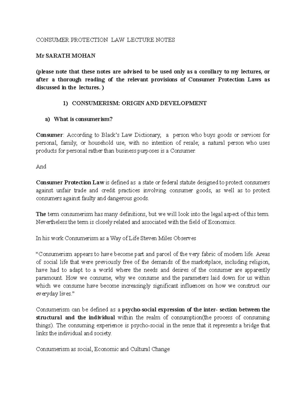 Lecture Notes-consumerism in consumer protection act - LLB - Studocu